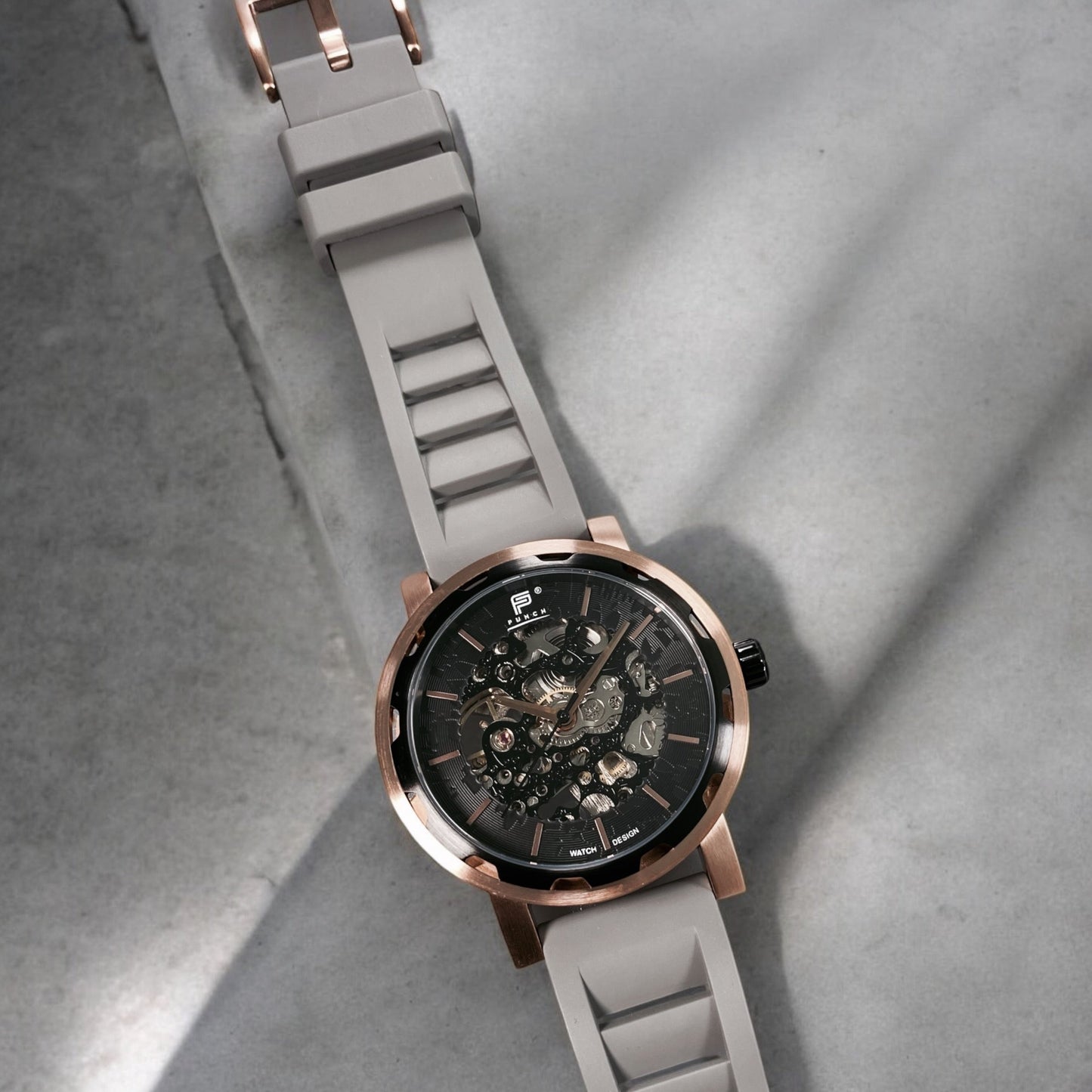 PUNCH Mens Watch, Rose Gold & Black Skeleton Automatic Watch - Grey Rubber Strap