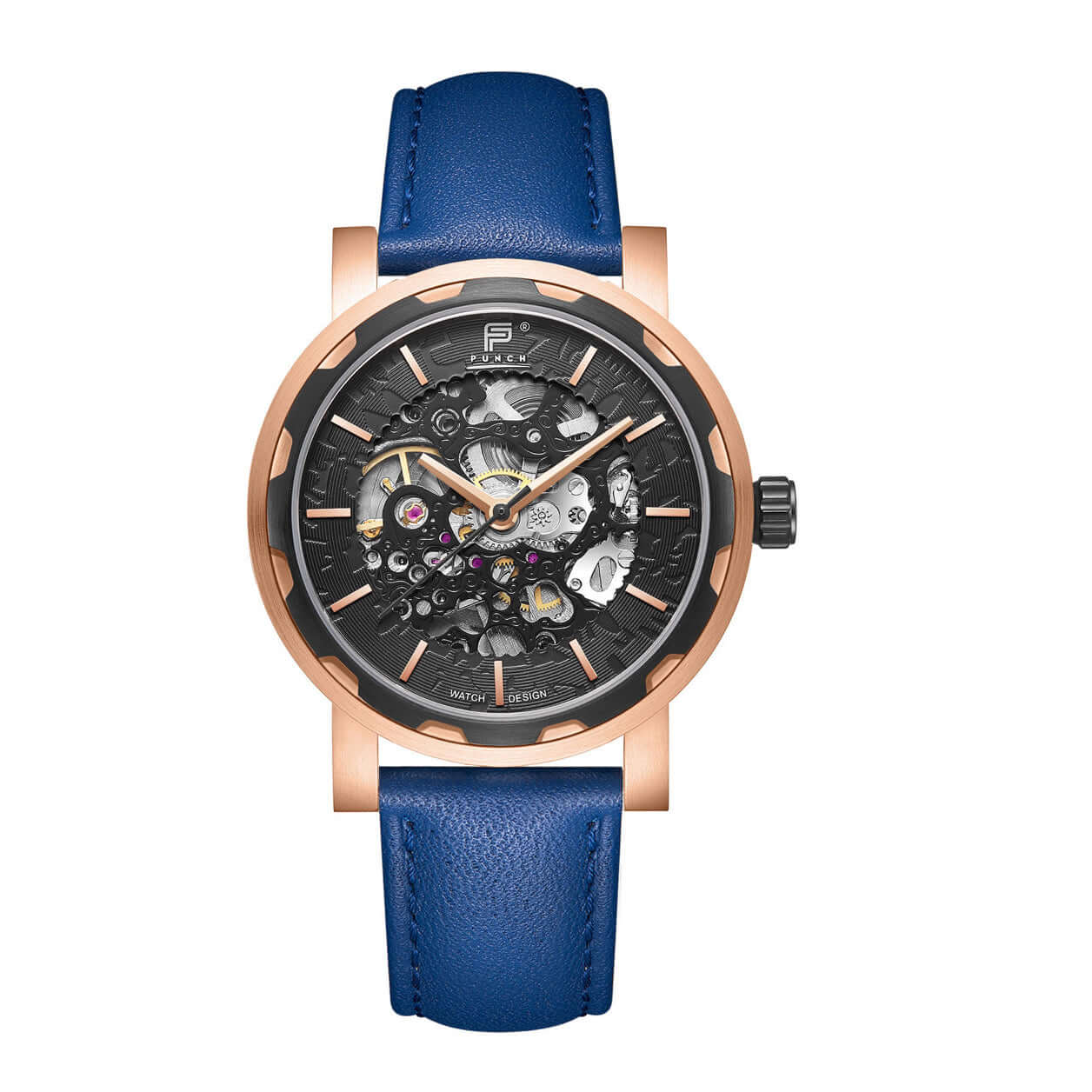 PUNCH Men's Rose Gold & Black Automatic Skeleton Watch - Blue Leather Strap