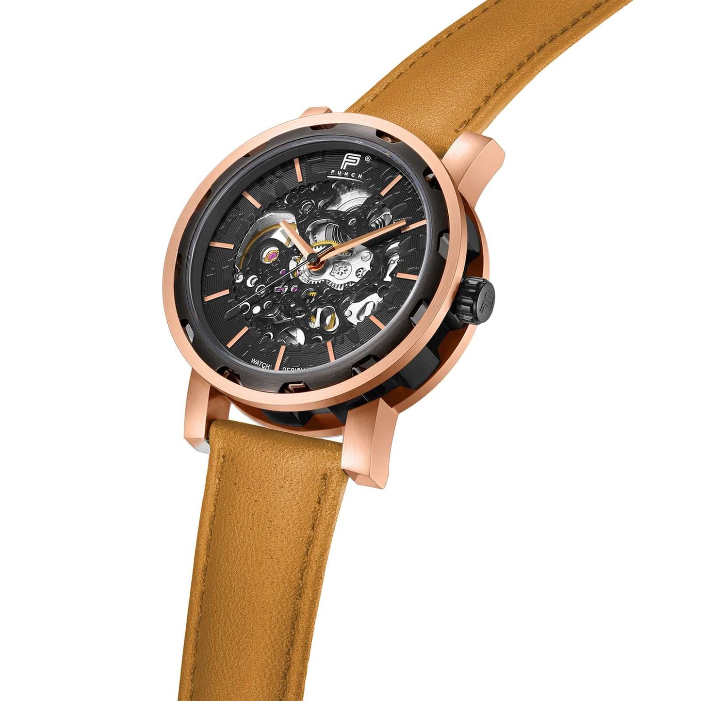PUNCH Men's Rose Gold & Black Automatic Skeleton Watch - Tan Leather Strap