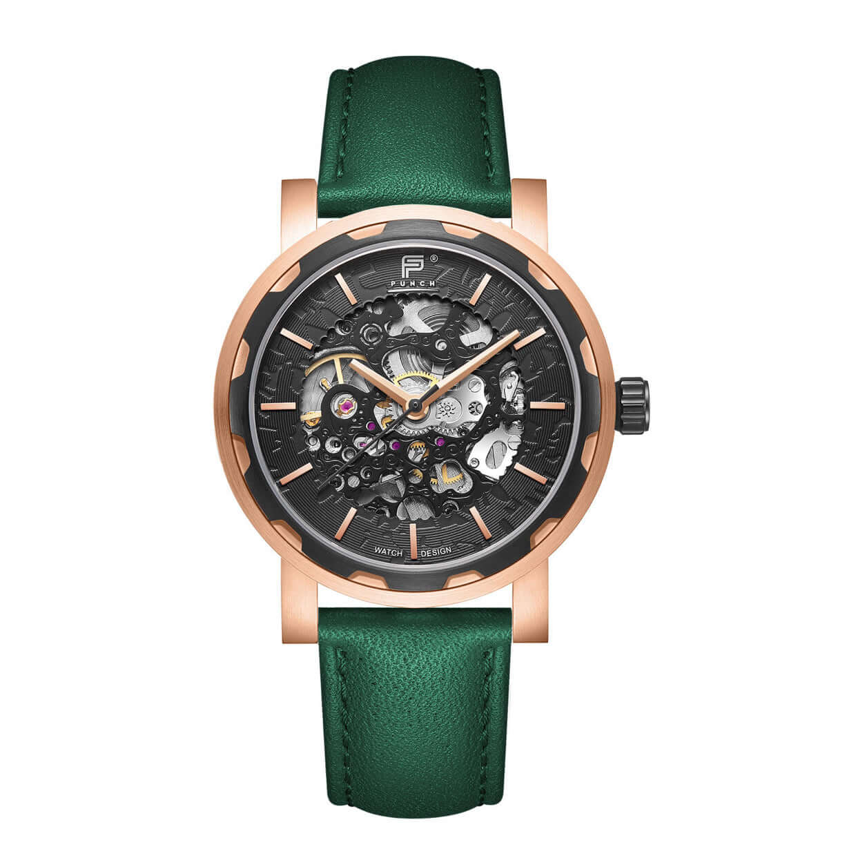 PUNCH Men's Rose Gold & Black Automatic Skeleton Watch - Green Leather Strap