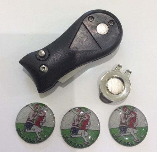 Golf Switchblade Pitchfork Magnetic Hat Clip With 3 Golf Diva 25mm Mar