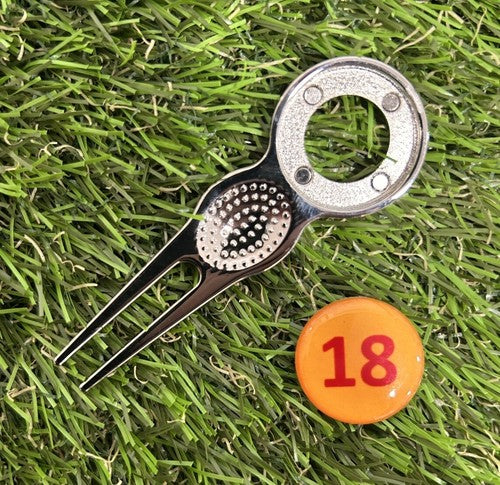 18 HOLE YELLOW FLAG WITH RED WRITING BALL MARKER AND PITCH REPAIR TOOL