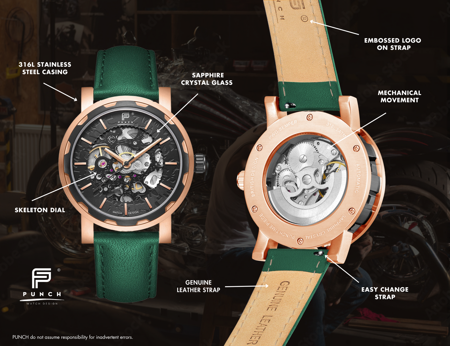PUNCH Men's Rose Gold & Black Automatic Skeleton Watch - Green Leather Strap