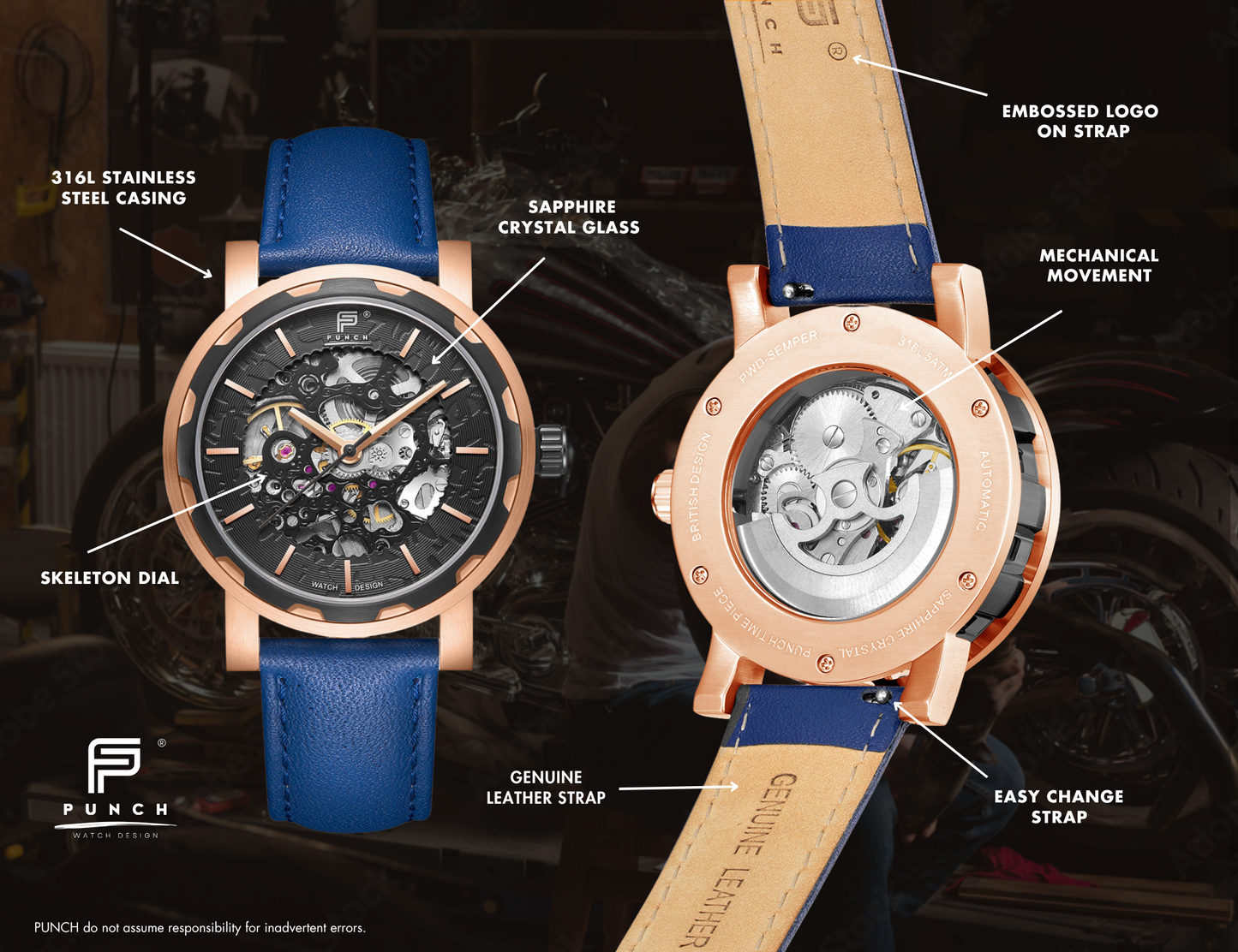 PUNCH Men's Rose Gold & Black Automatic Skeleton Watch - Blue Leather Strap