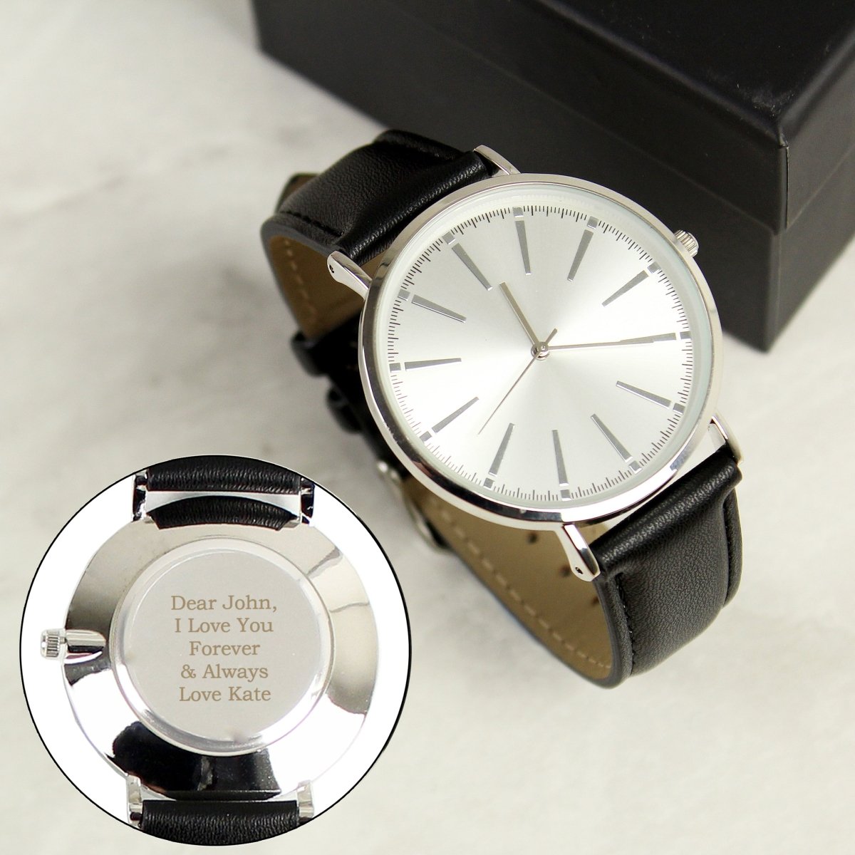 Personalised Silver With Black Leather Strap Watch