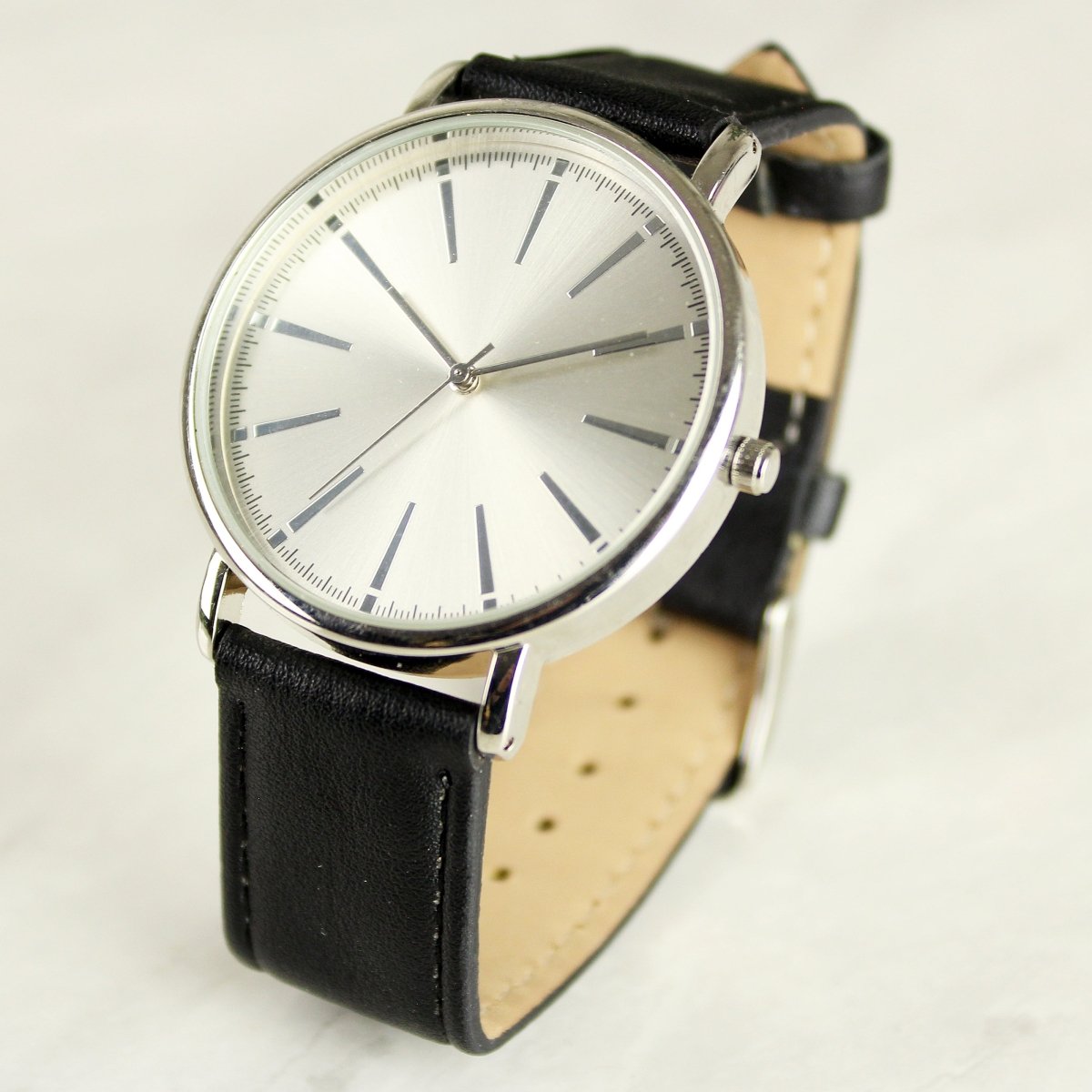 Personalised Silver With Black Leather Strap Watch