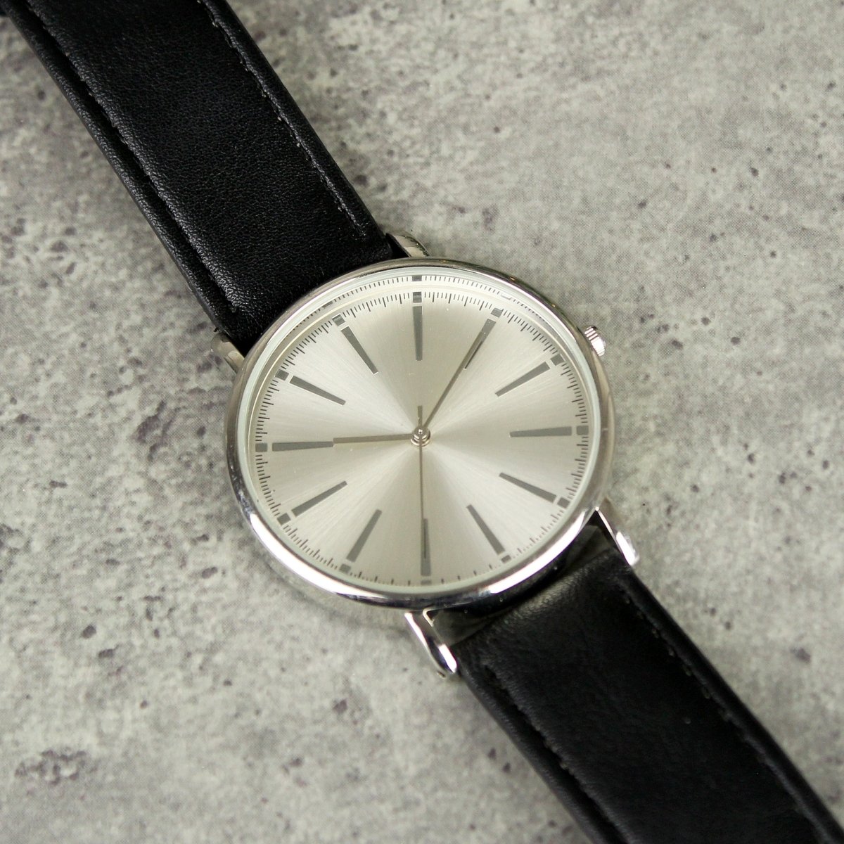 Personalised Silver With Black Leather Strap Watch