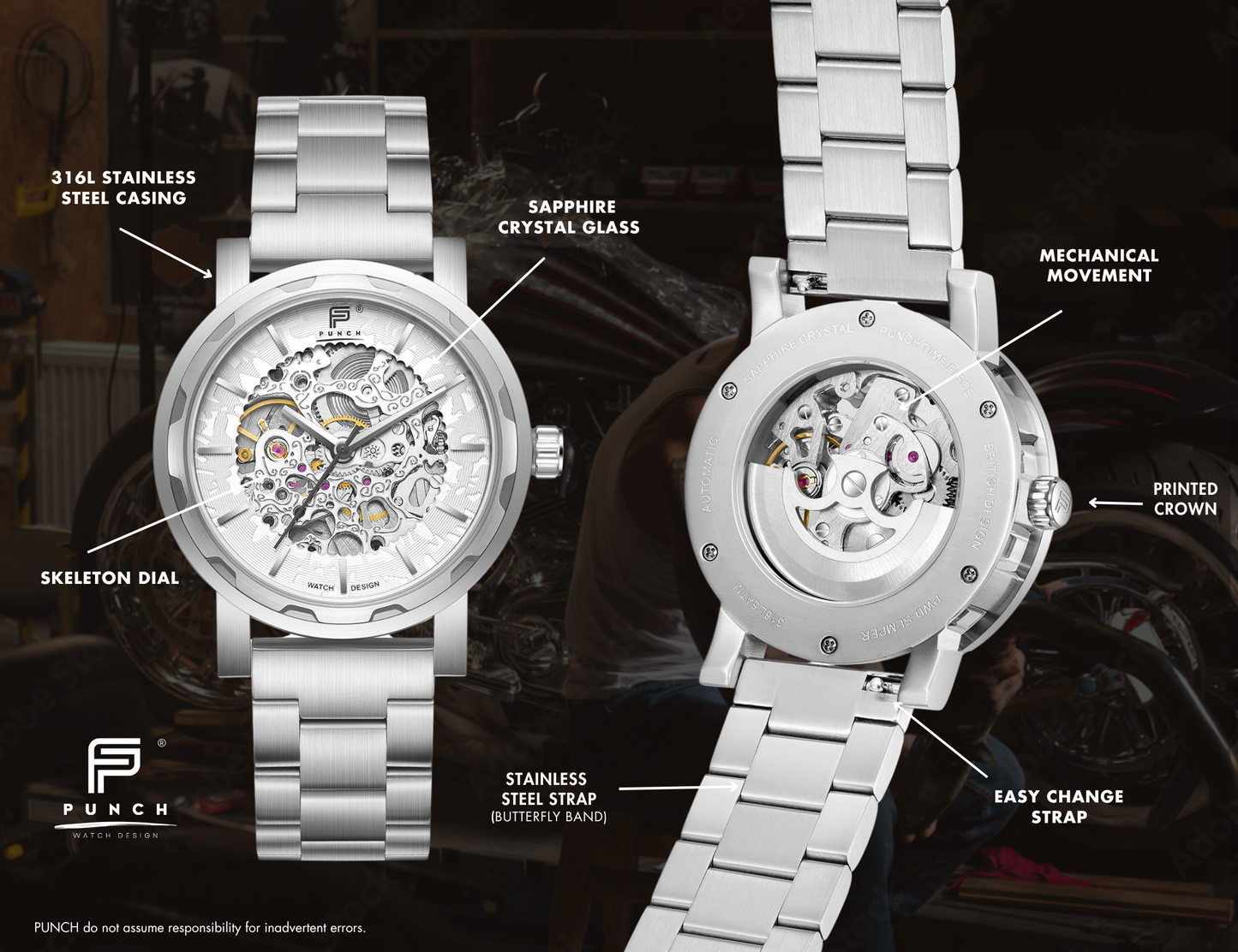 PUNCH Mens Watch, Silver & White Skeleton Automatic Watch - Silver Metal Strap