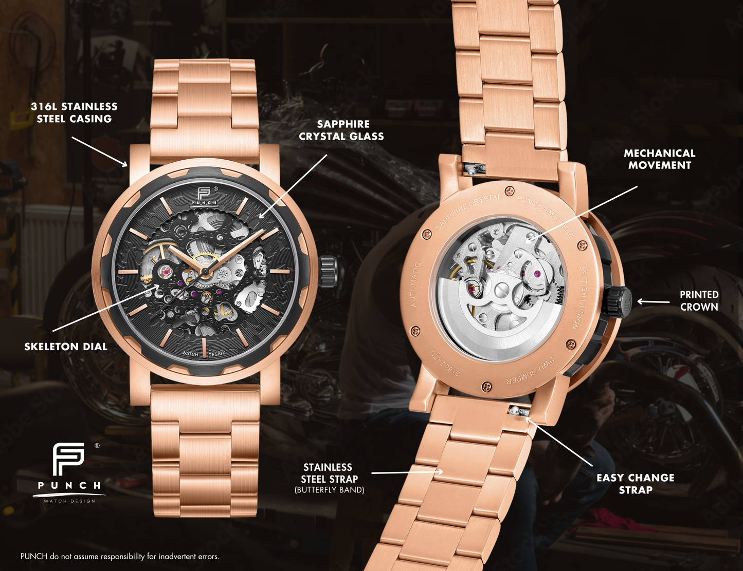 PUNCH Mens Watch, Rose Gold & Black Skeleton Automatic Watch - Rose Gold Metal Strap