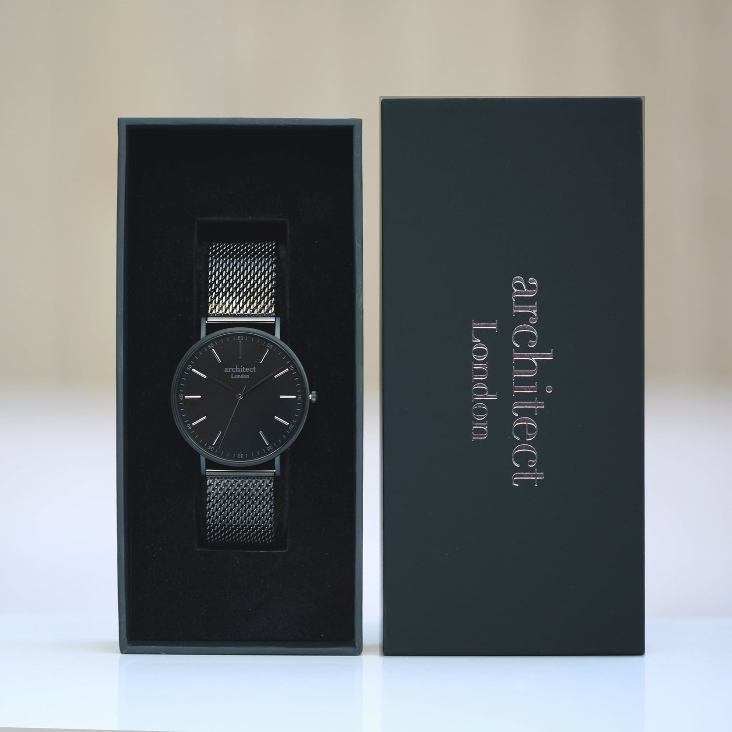 Modern Font Engraving - Men's Minimalist Watch + Pitch Black Mesh Strap