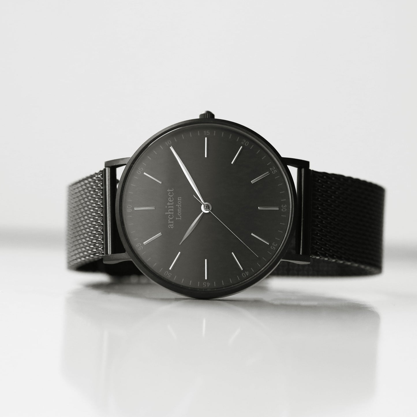 Modern Font Engraving - Men's Minimalist Watch + Pitch Black Mesh Strap