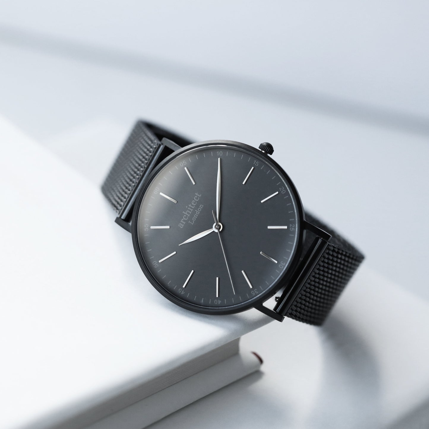 Modern Font Engraving - Men's Minimalist Watch + Pitch Black Mesh Strap