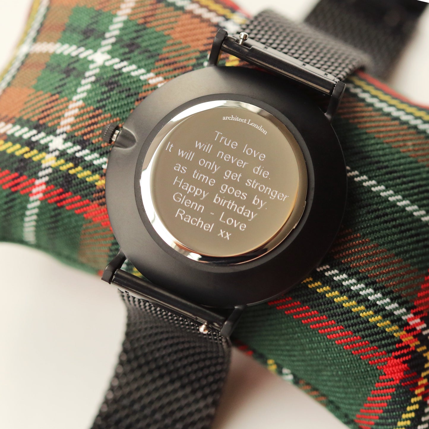 Modern Font Engraving - Men's Minimalist Watch + Pitch Black Mesh Strap