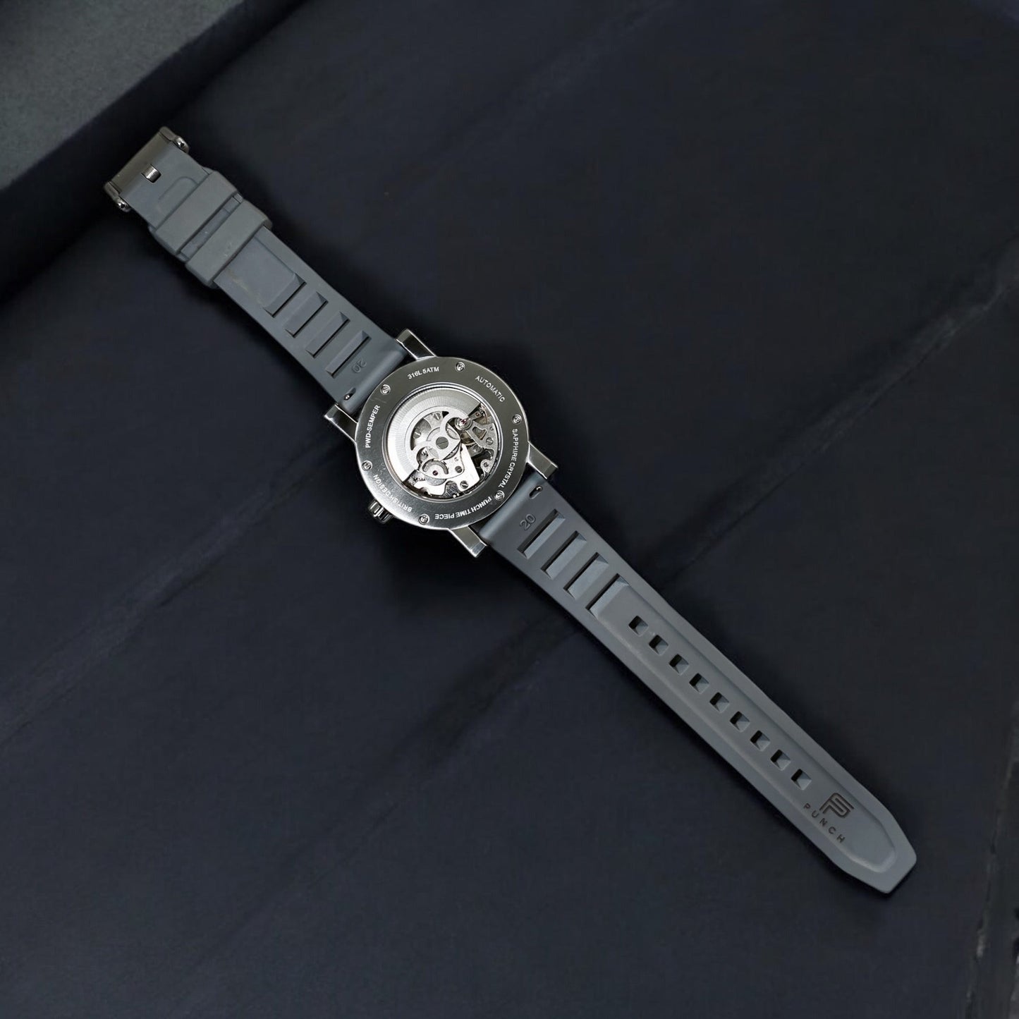 Montre homme PUNCH, squelette automatique argenté et blanc, bracelet en caoutchouc gris