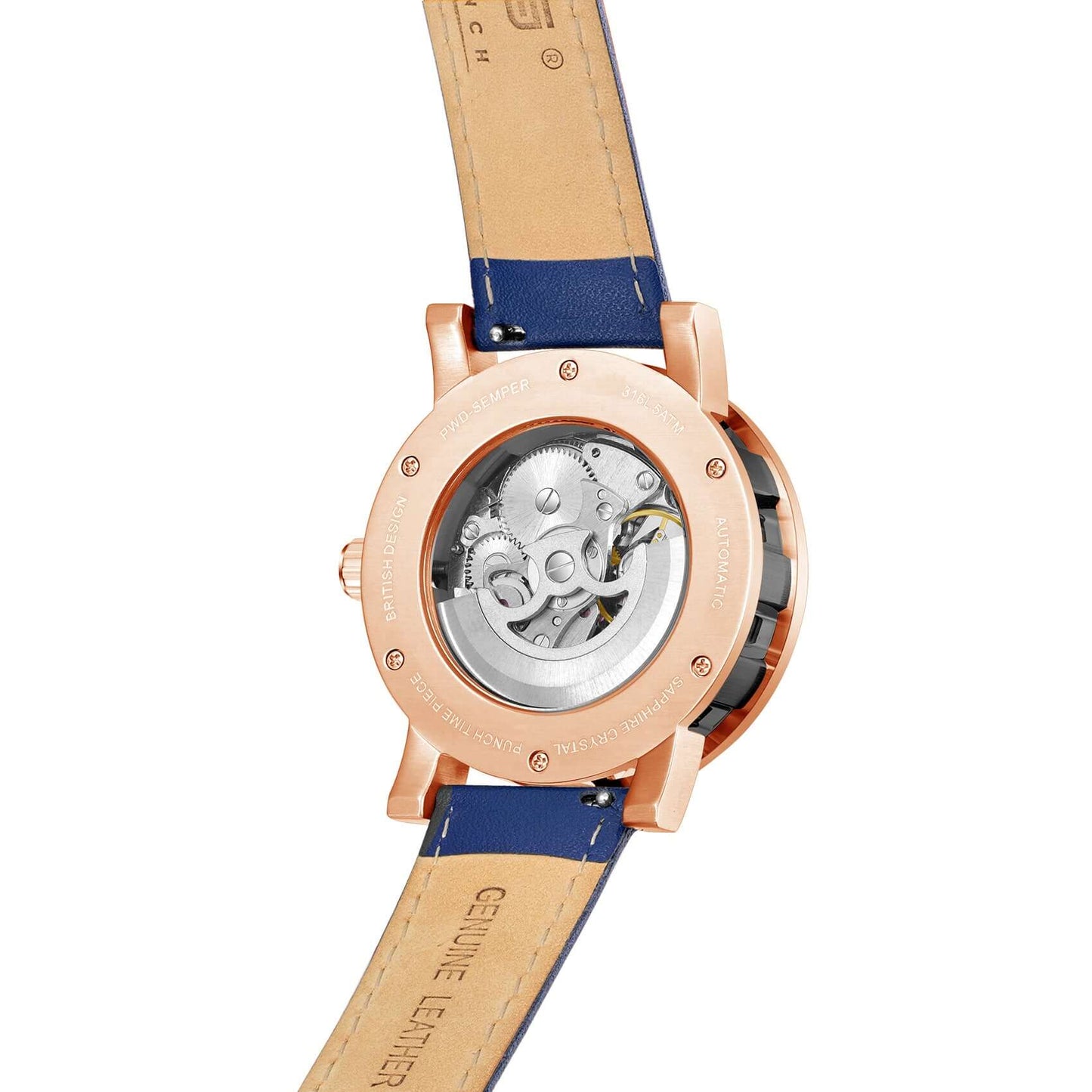 PUNCH Men's Rose Gold & Black Automatic Skeleton Watch - Blue Leather Strap