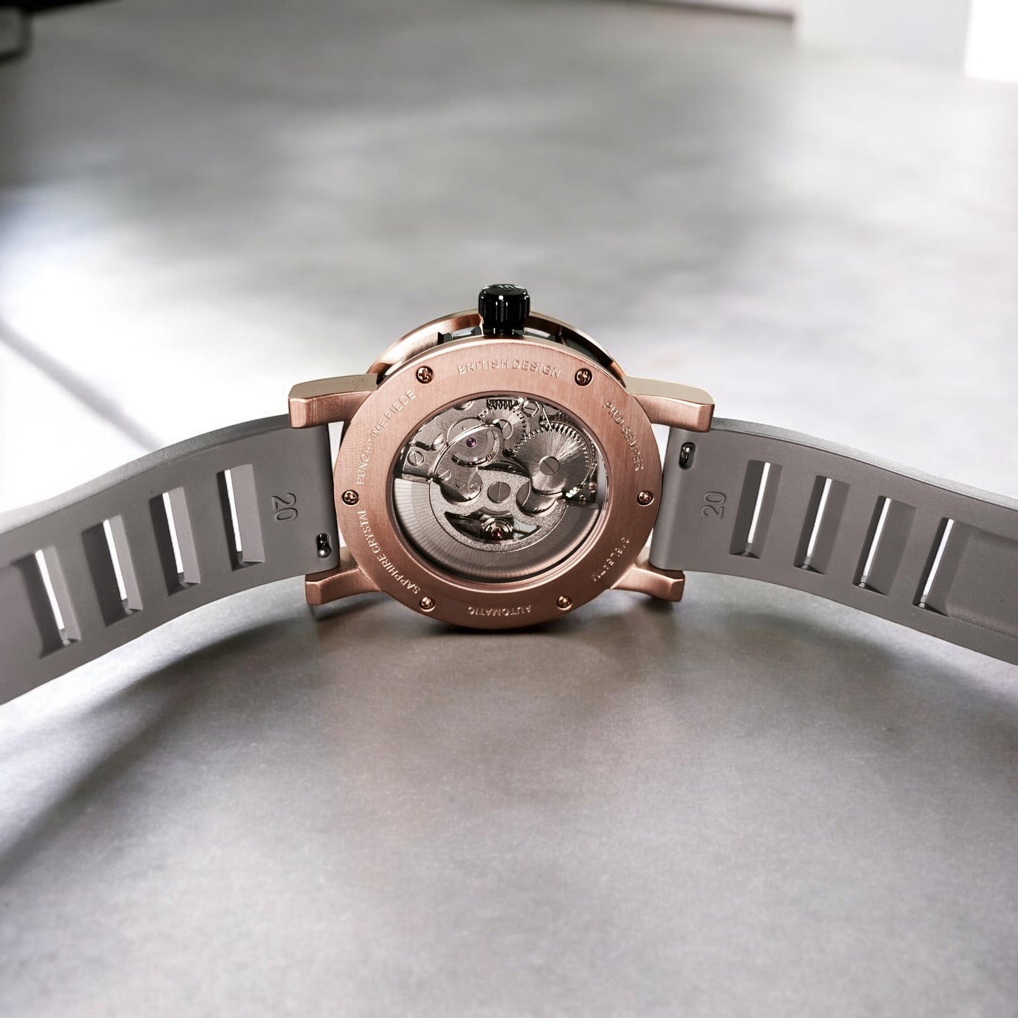 PUNCH Mens Watch, Rose Gold & Black Skeleton Automatic Watch - Grey Rubber Strap