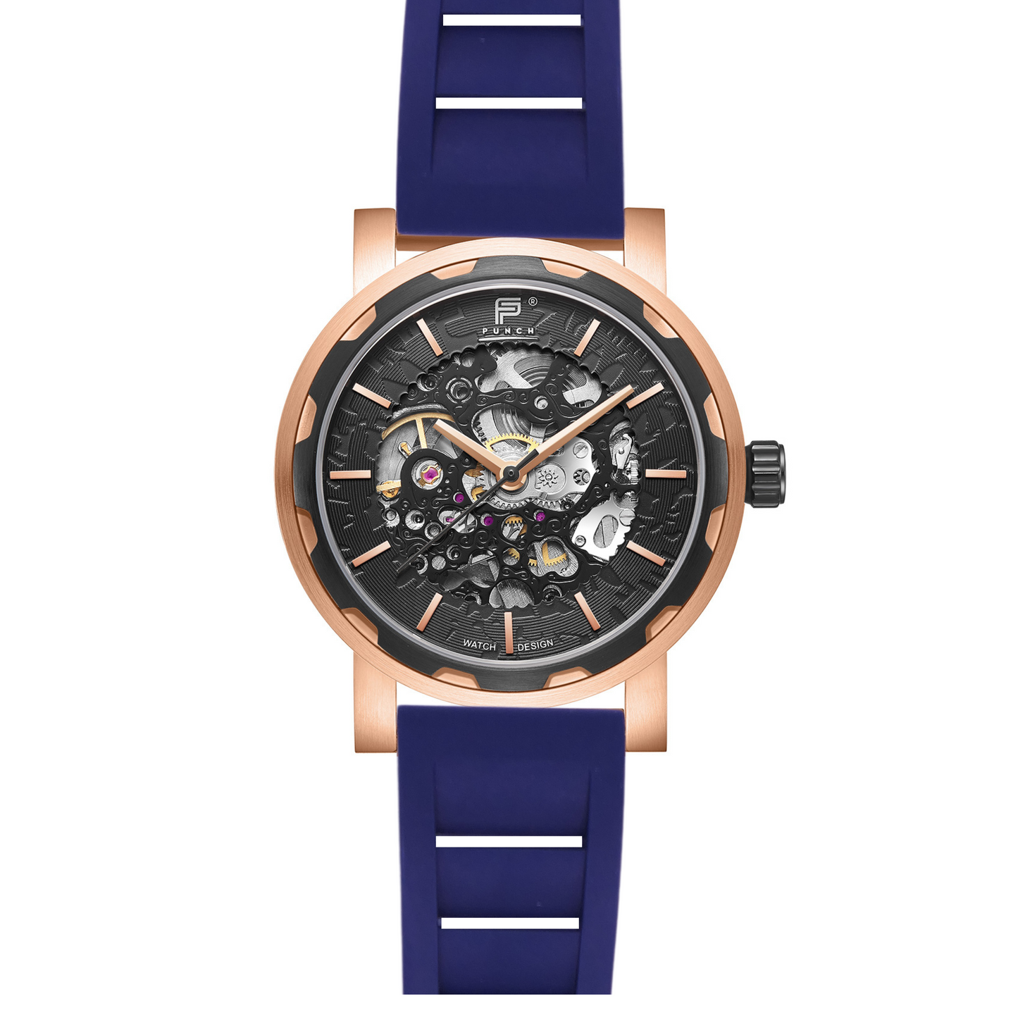PUNCH Mens Watch, Rose Gold & Black Skeleton Automatic Watch - Navy Rubber Strap
