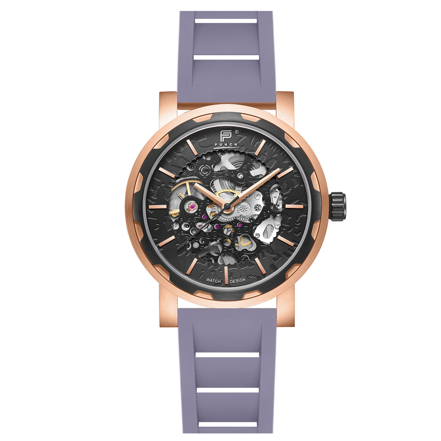 PUNCH Mens Watch, Rose Gold & Black Skeleton Automatic Watch - Grey Rubber Strap