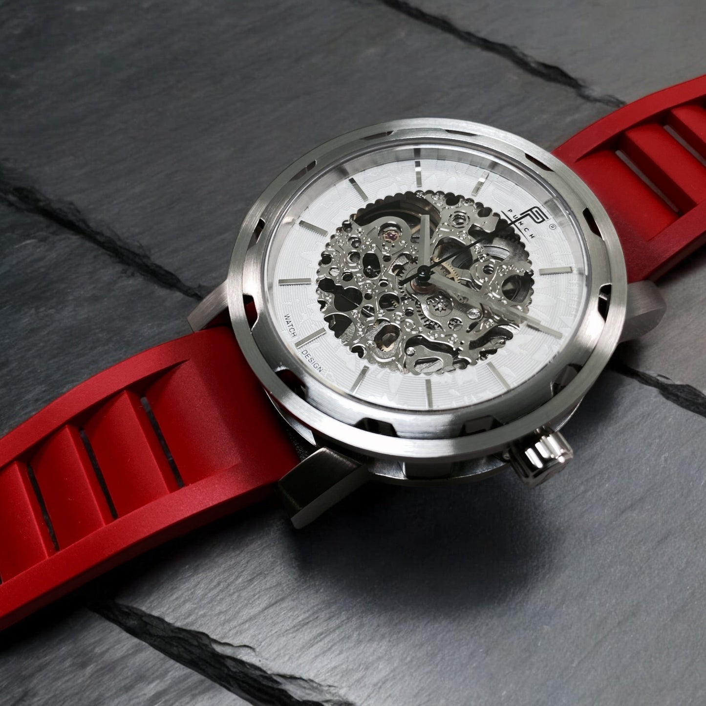PUNCH Mens Watch, Silver & White Skeleton Automatic Watch - Red Rubber Strap