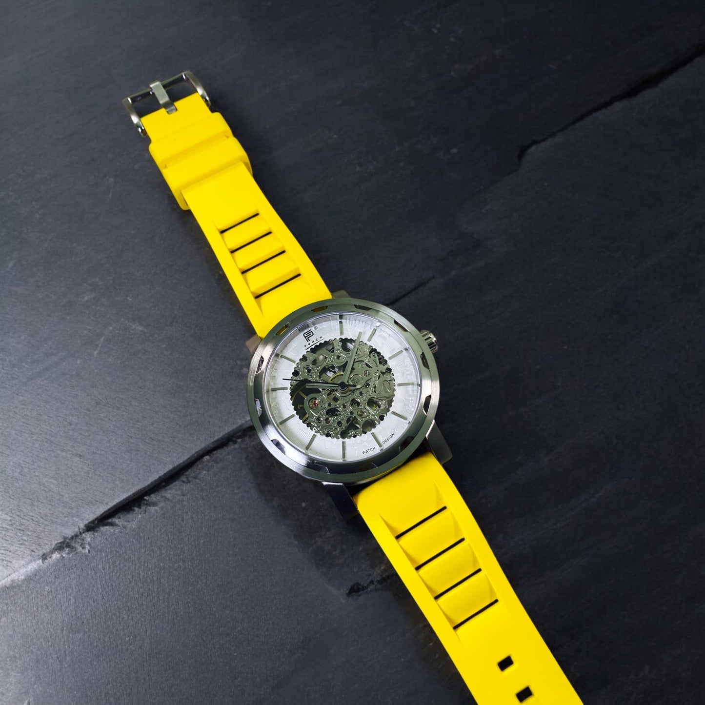 PUNCH Mens Watch, Silver & White Skeleton Automatic Watch - Yellow Rubber Strap