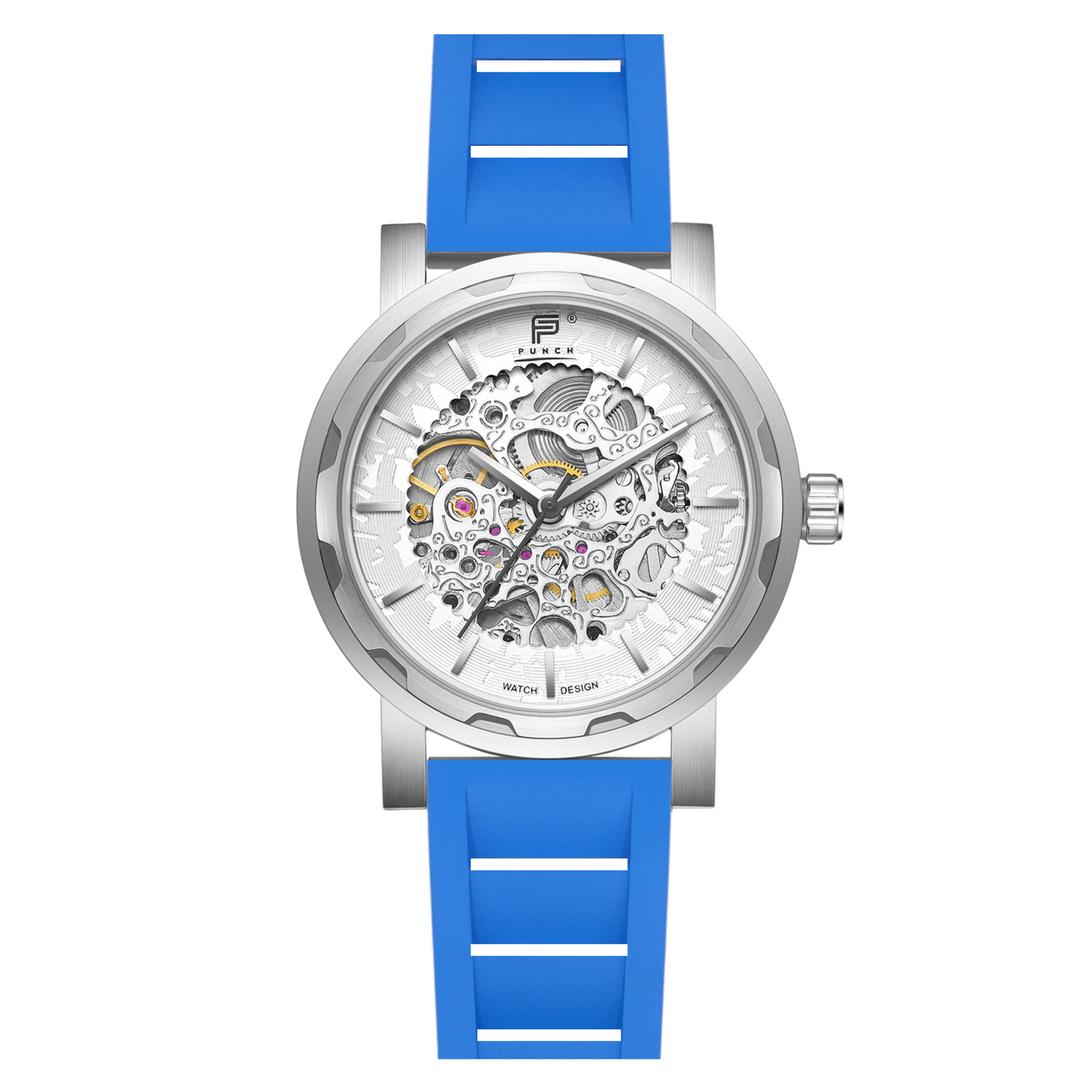 PUNCH Mens Watch, Silver & White Skeleton Automatic Watch - Blue Rubber Strap