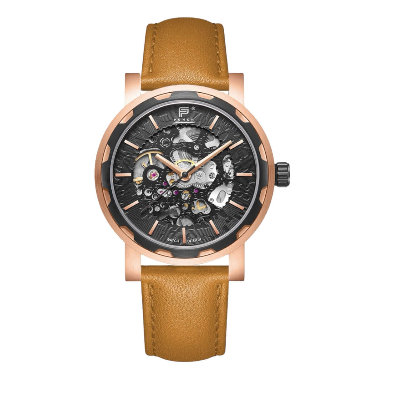 PUNCH Men's Rose Gold & Black Automatic Skeleton Watch - Tan Leather Strap