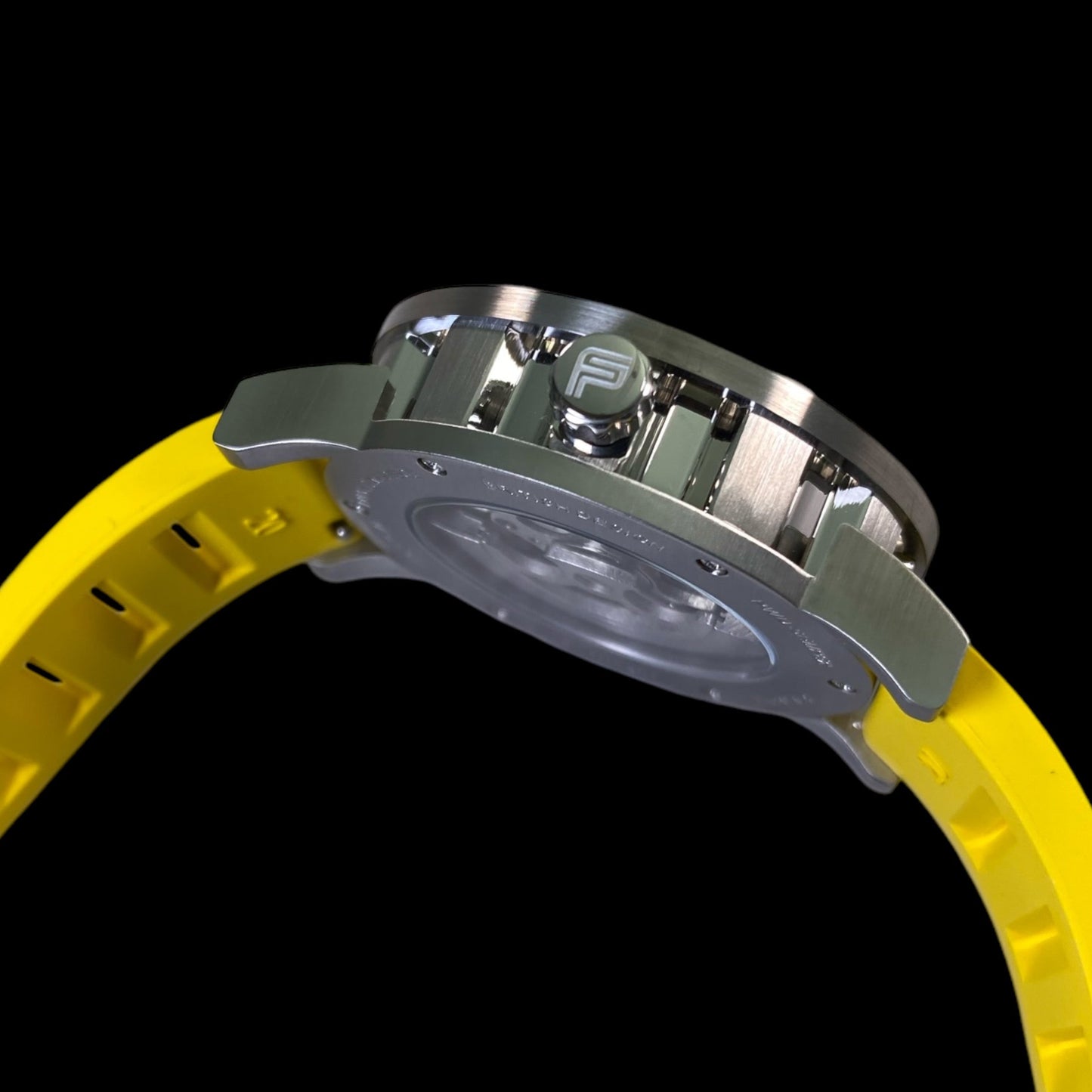 PUNCH Mens Watch, Silver & White Skeleton Automatic Watch - Yellow Rubber Strap