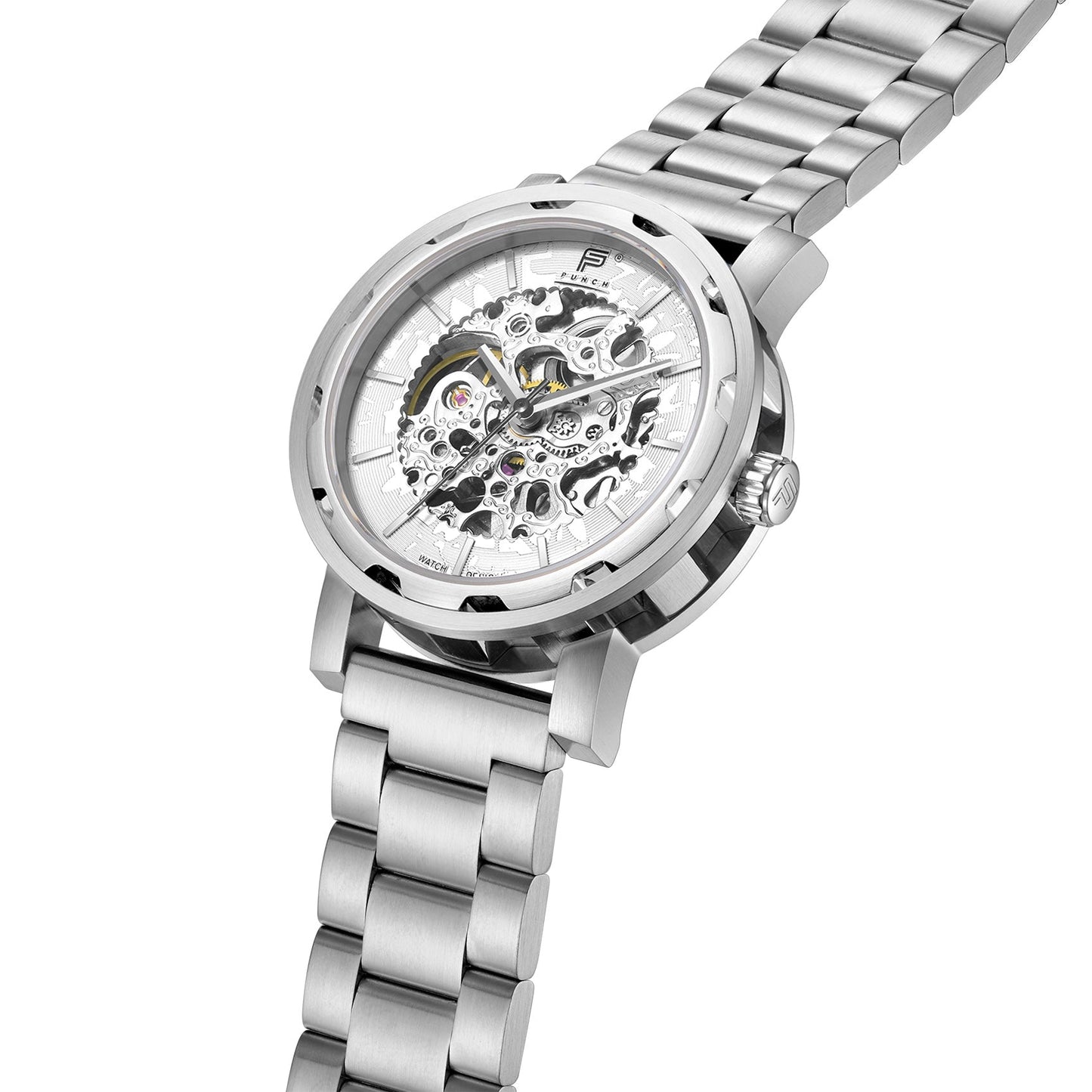 PUNCH Mens Watch, Silver & White Skeleton Automatic Watch - White Rubber Strap