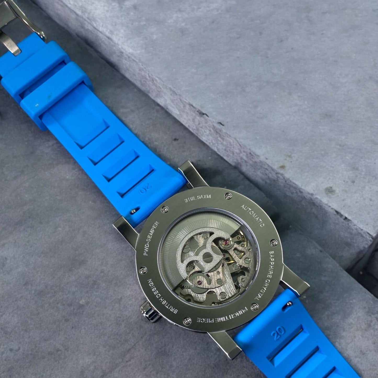 PUNCH Mens Watch, Silver & White Skeleton Automatic Watch - Blue Rubber Strap