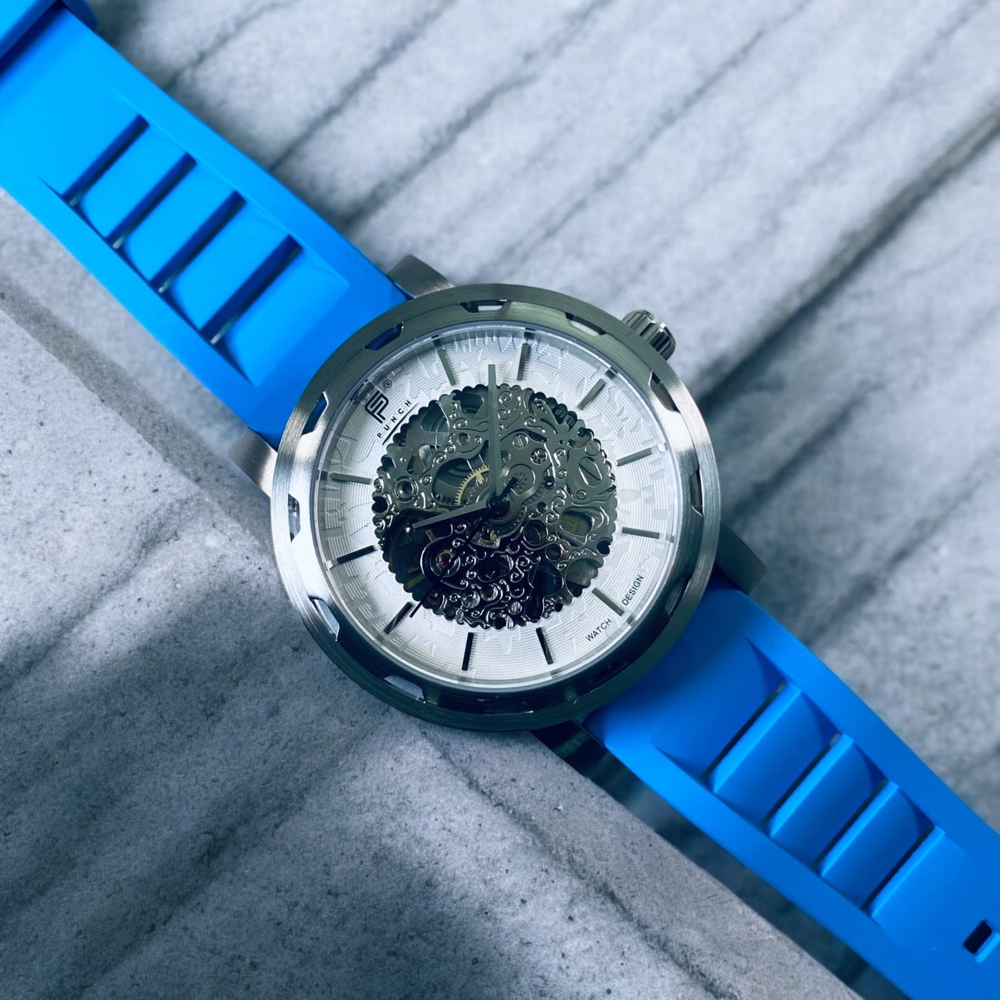 PUNCH Mens Watch, Silver & White Skeleton Automatic Watch - Blue Rubber Strap