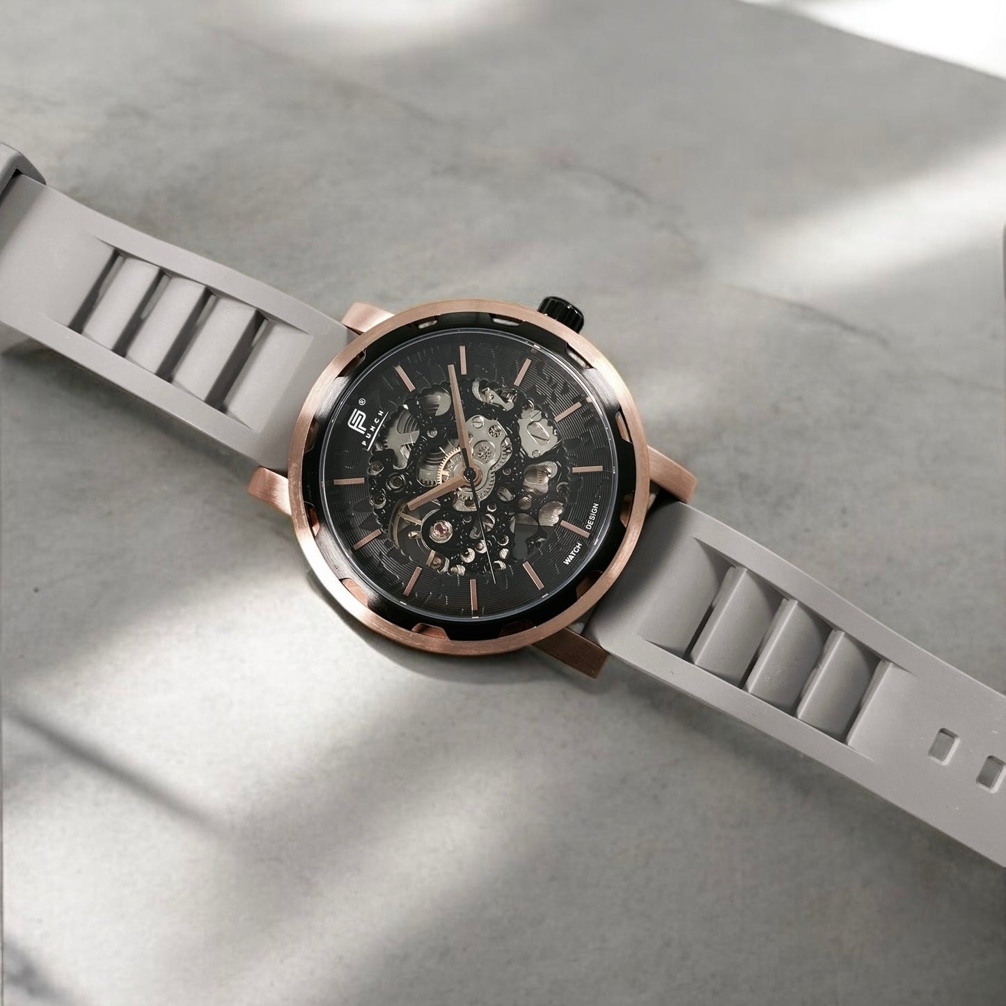 PUNCH Mens Watch, Rose Gold & Black Skeleton Automatic Watch - Grey Rubber Strap