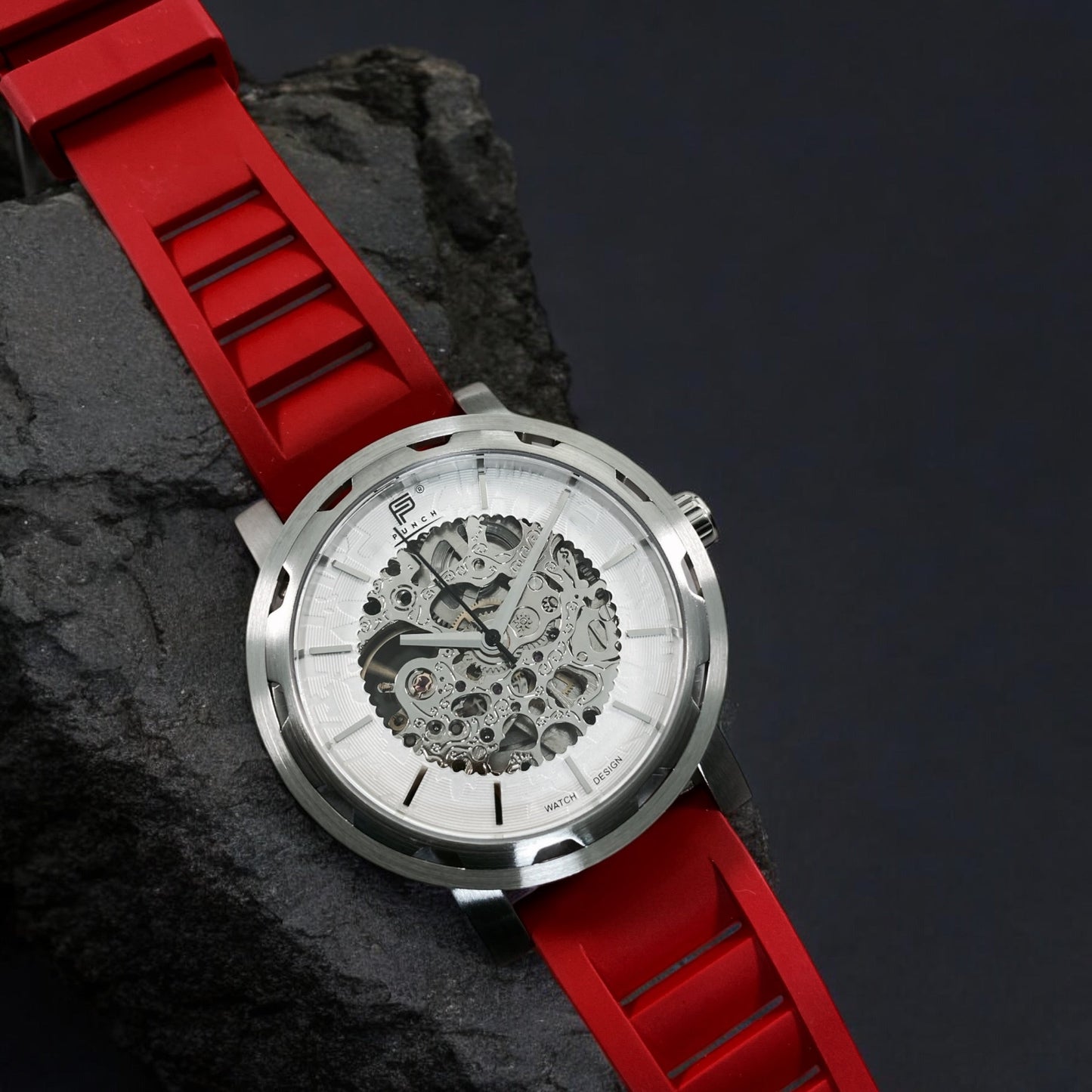 PUNCH Mens Watch, Silver & White Skeleton Automatic Watch - Red Rubber Strap