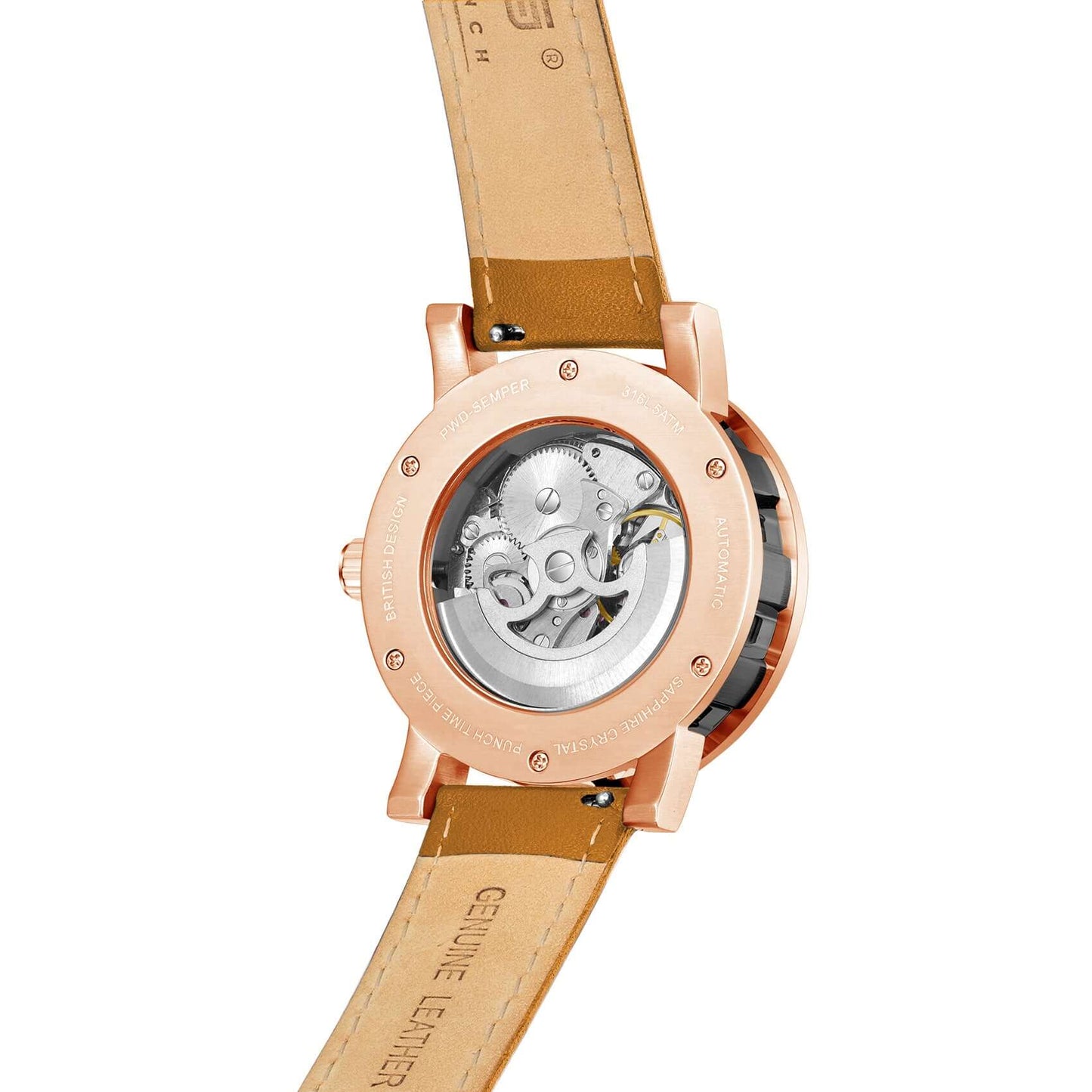 PUNCH Men's Rose Gold & Black Automatic Skeleton Watch - Tan Leather Strap