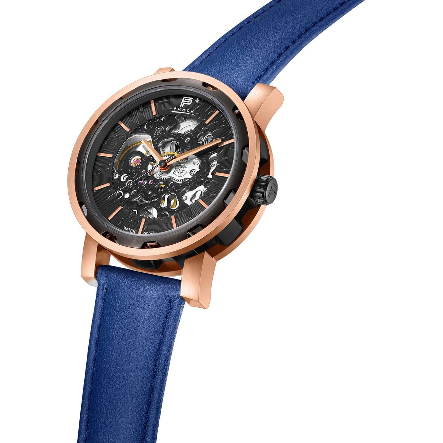 PUNCH Men's Rose Gold & Black Automatic Skeleton Watch - Blue Leather Strap