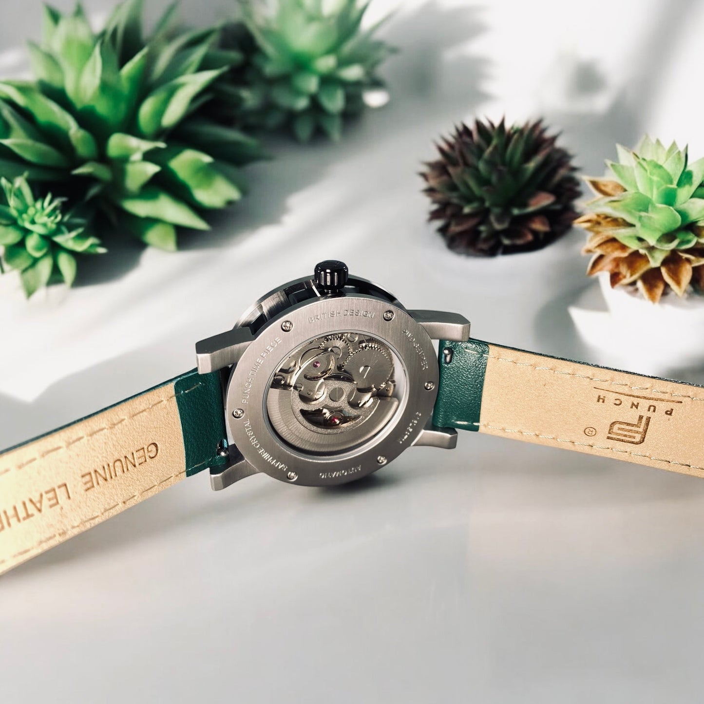 PUNCH Mens Watch, Black & Silver Skeleton Automatic Watch - Green Leather Strap