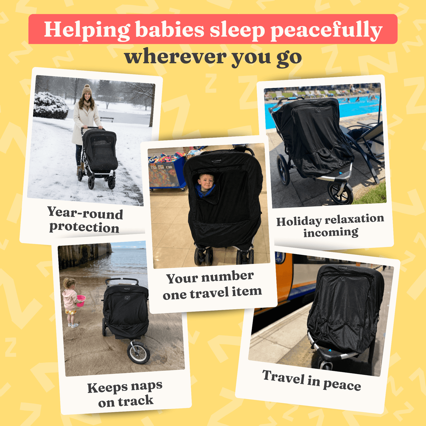 SnoozeShade Twin Extra: sun and sleep shade and insect net for side-by-side double buggies and strollers