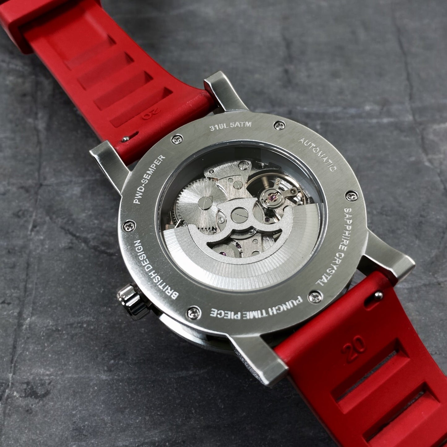 PUNCH Mens Watch, Silver & White Skeleton Automatic Watch - Red Rubber Strap