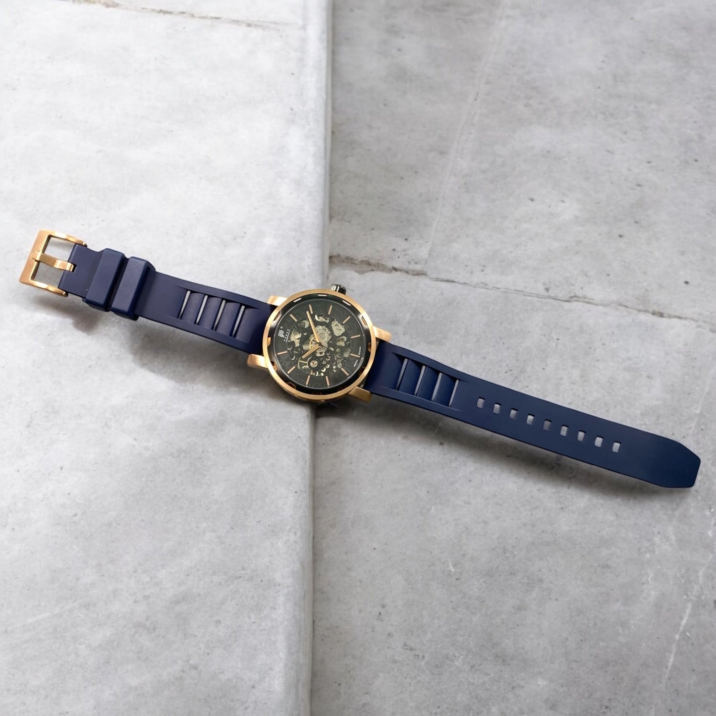 PUNCH Mens Watch, Rose Gold & Black Skeleton Automatic Watch - Navy Rubber Strap