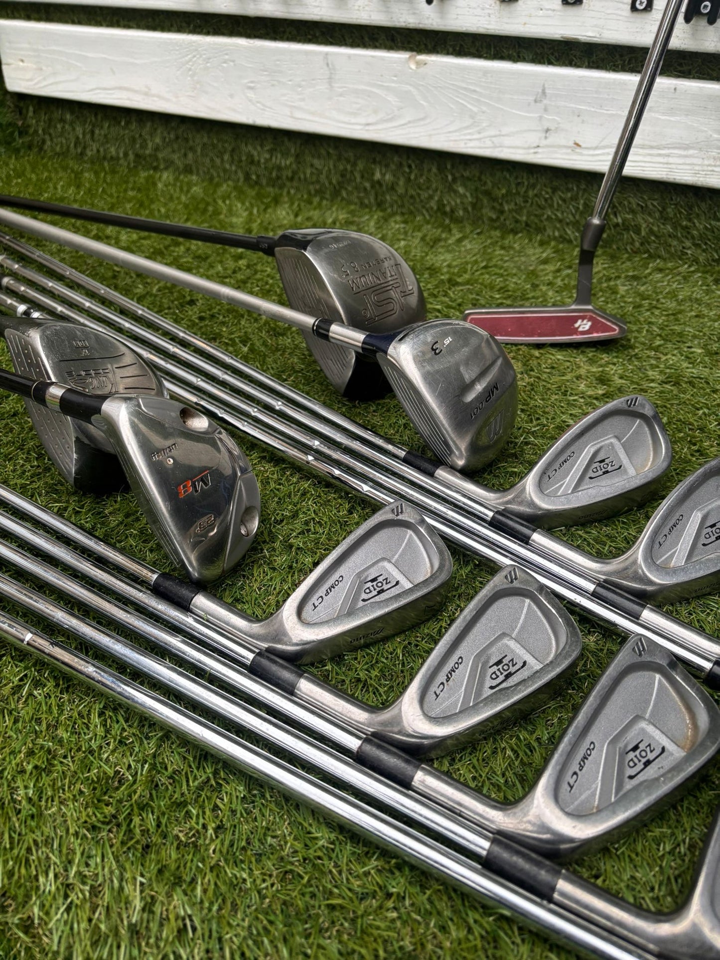 Mizuno Zoid Comp CT Irons + Titleist & Cobra Drivers + Mizuno Woods + Tail Moore Putter + PowaKaddy Cart Bag – 14 Clubs