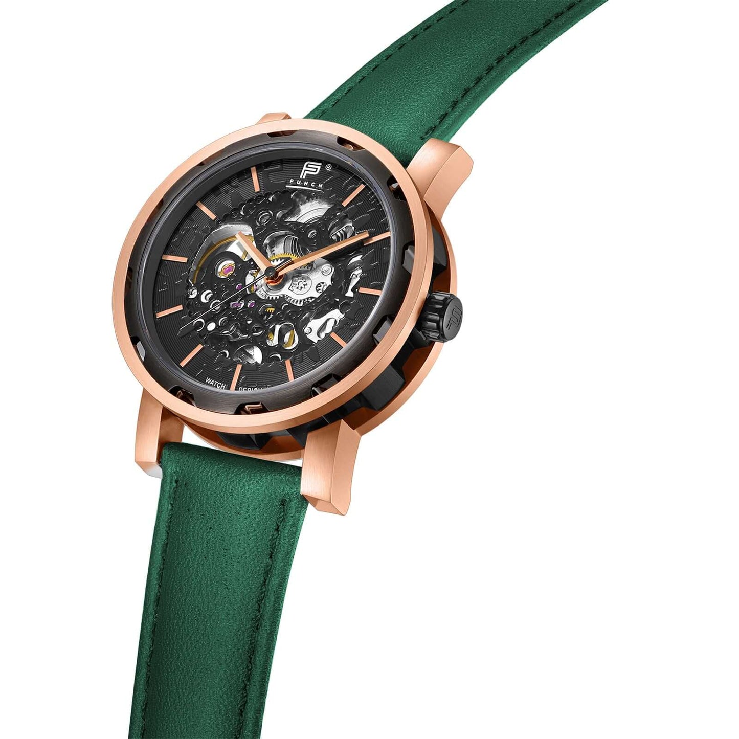 PUNCH Men's Rose Gold & Black Automatic Skeleton Watch - Green Leather Strap