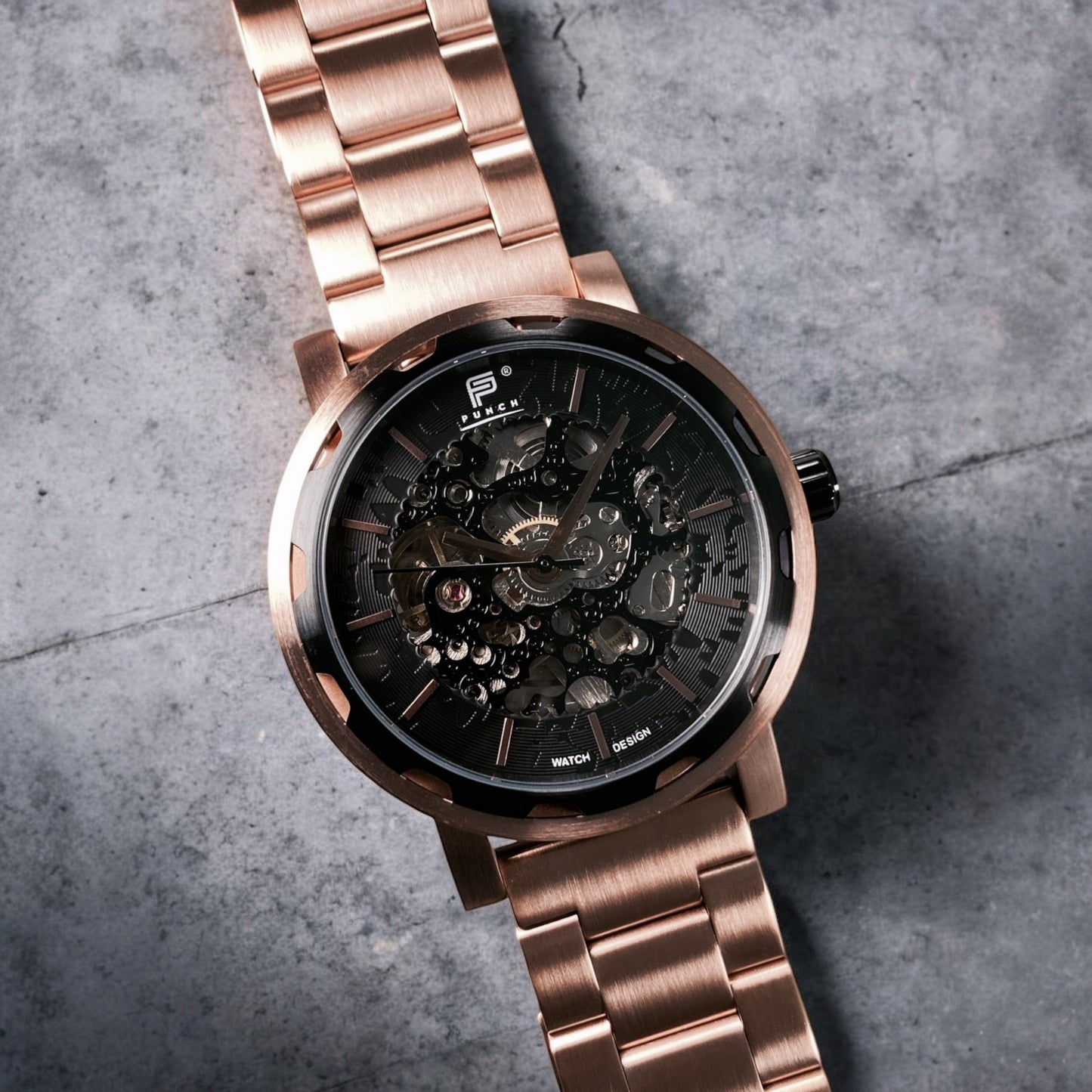 PUNCH Mens Watch, Rose Gold & Black Skeleton Automatic Watch - Rose Gold Metal Strap