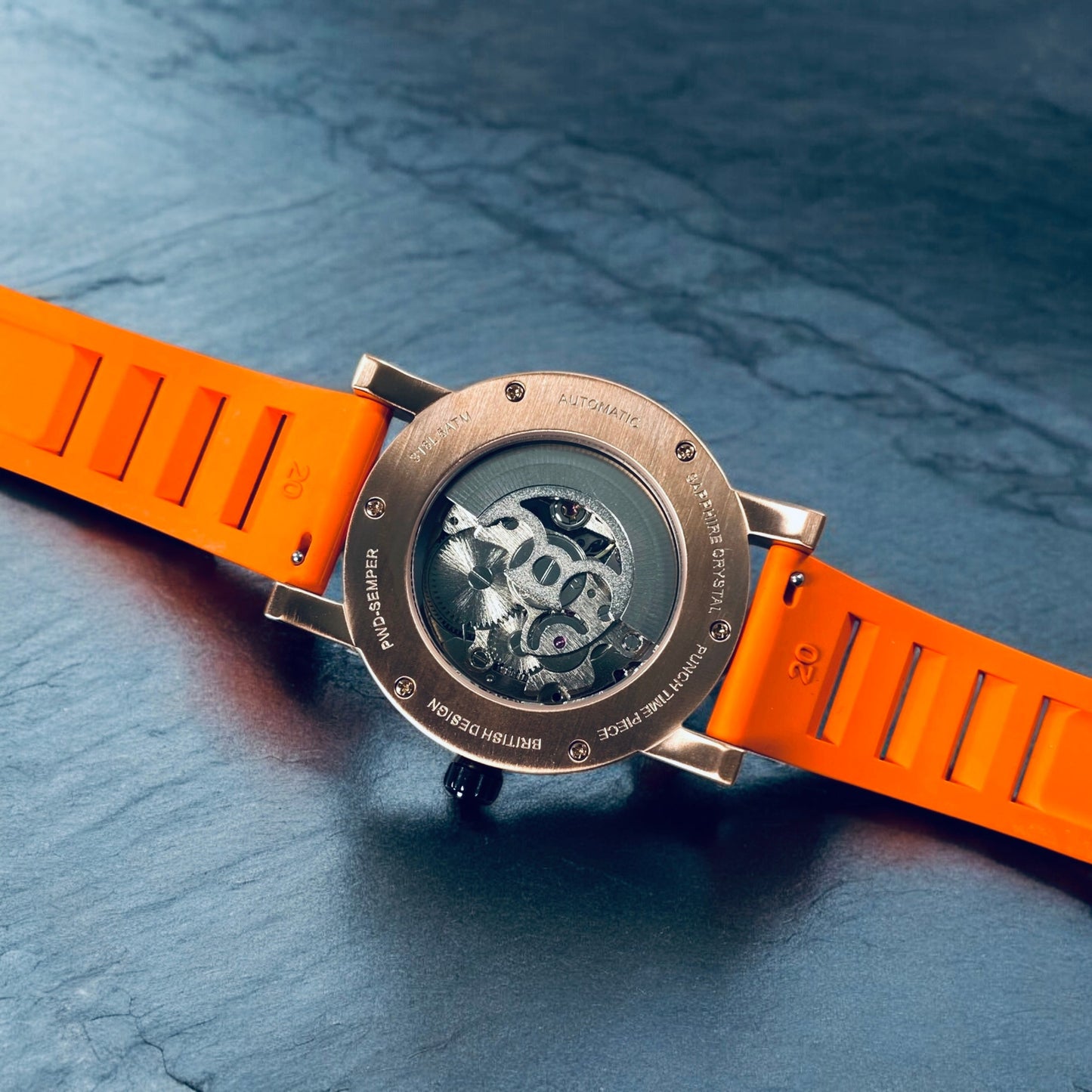 PUNCH Mens Watch, Rose Gold & Black Skeleton Automatic Watch - Orange Rubber Strap