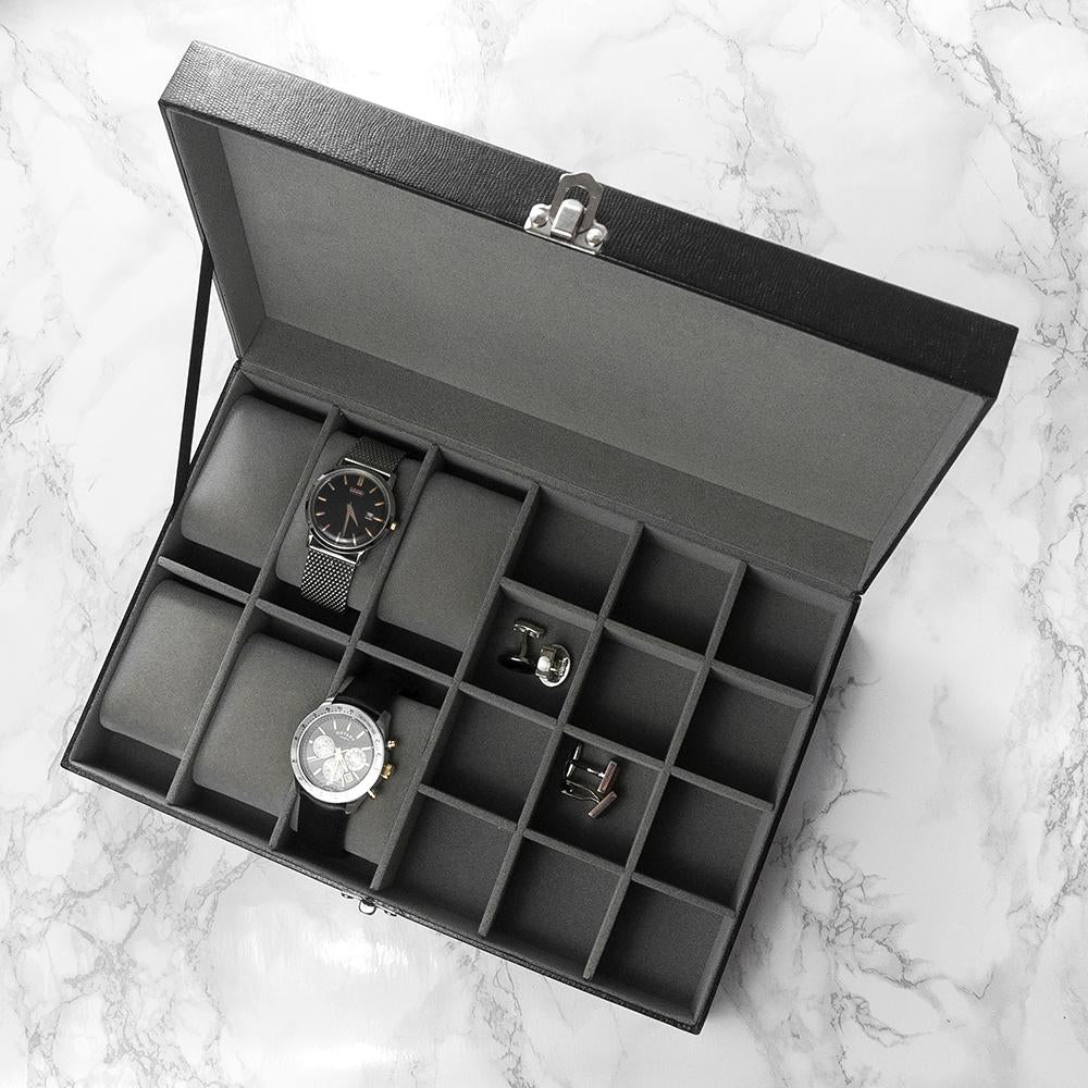 Black Leather effect Personalised Watch & Cufflinks Box