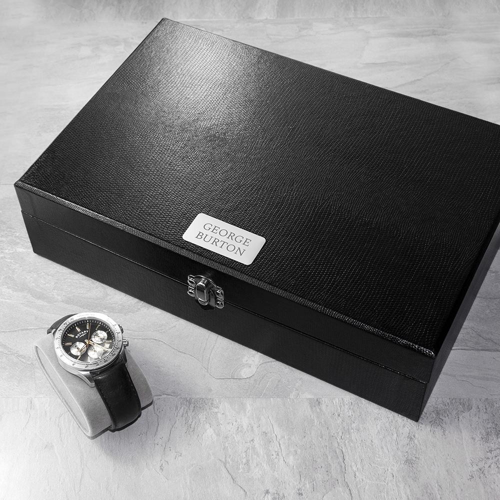 Black Leather effect Personalised Watch & Cufflinks Box