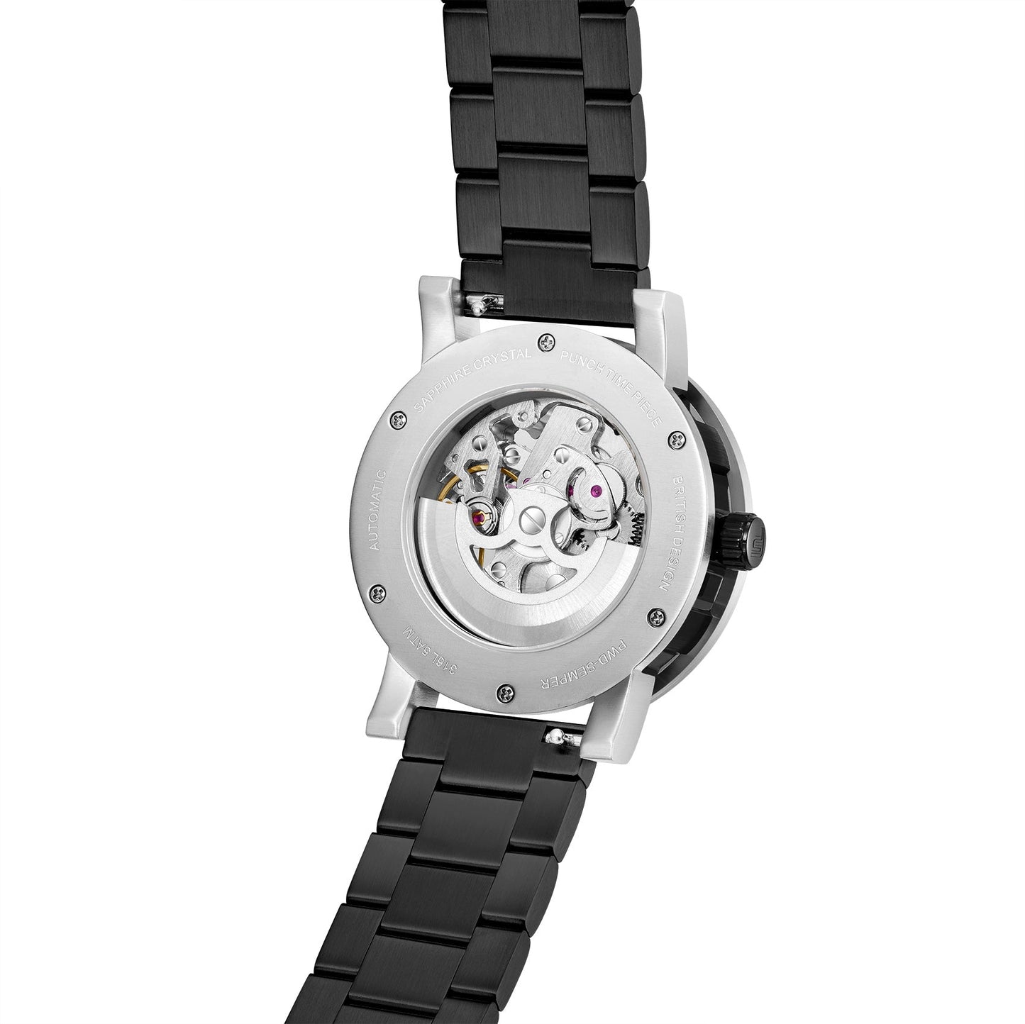 PUNCH Mens Watch, Black & Silver Skeleton Automatic Watch - White Rubber Strap