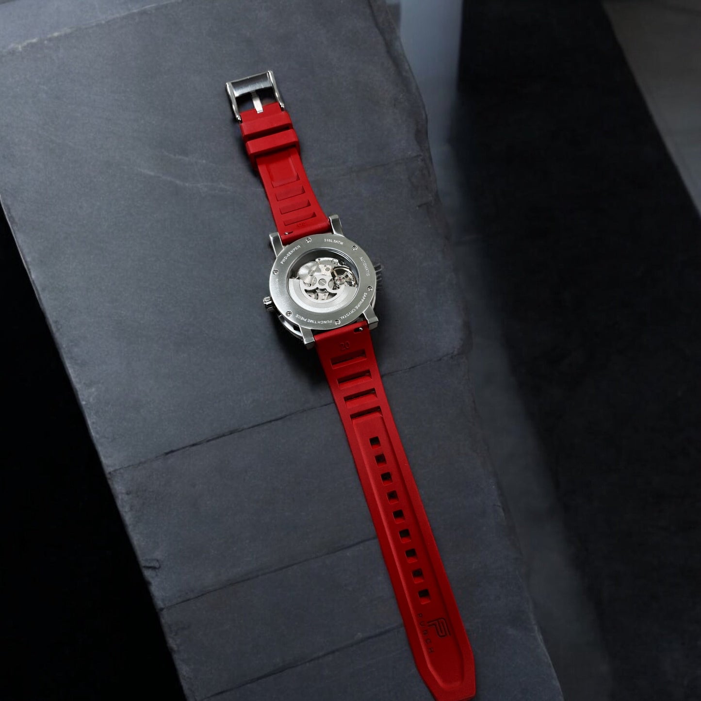 PUNCH Mens Watch, Silver & White Skeleton Automatic Watch - Red Rubber Strap