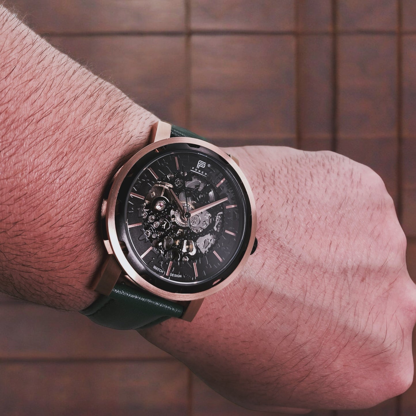 PUNCH Men's Rose Gold & Black Automatic Skeleton Watch - Green Leather Strap