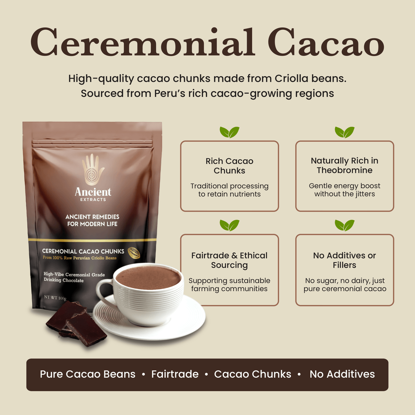 Ceremonial Grade Cacao Chunks - 100% Raw Criolla - 100g