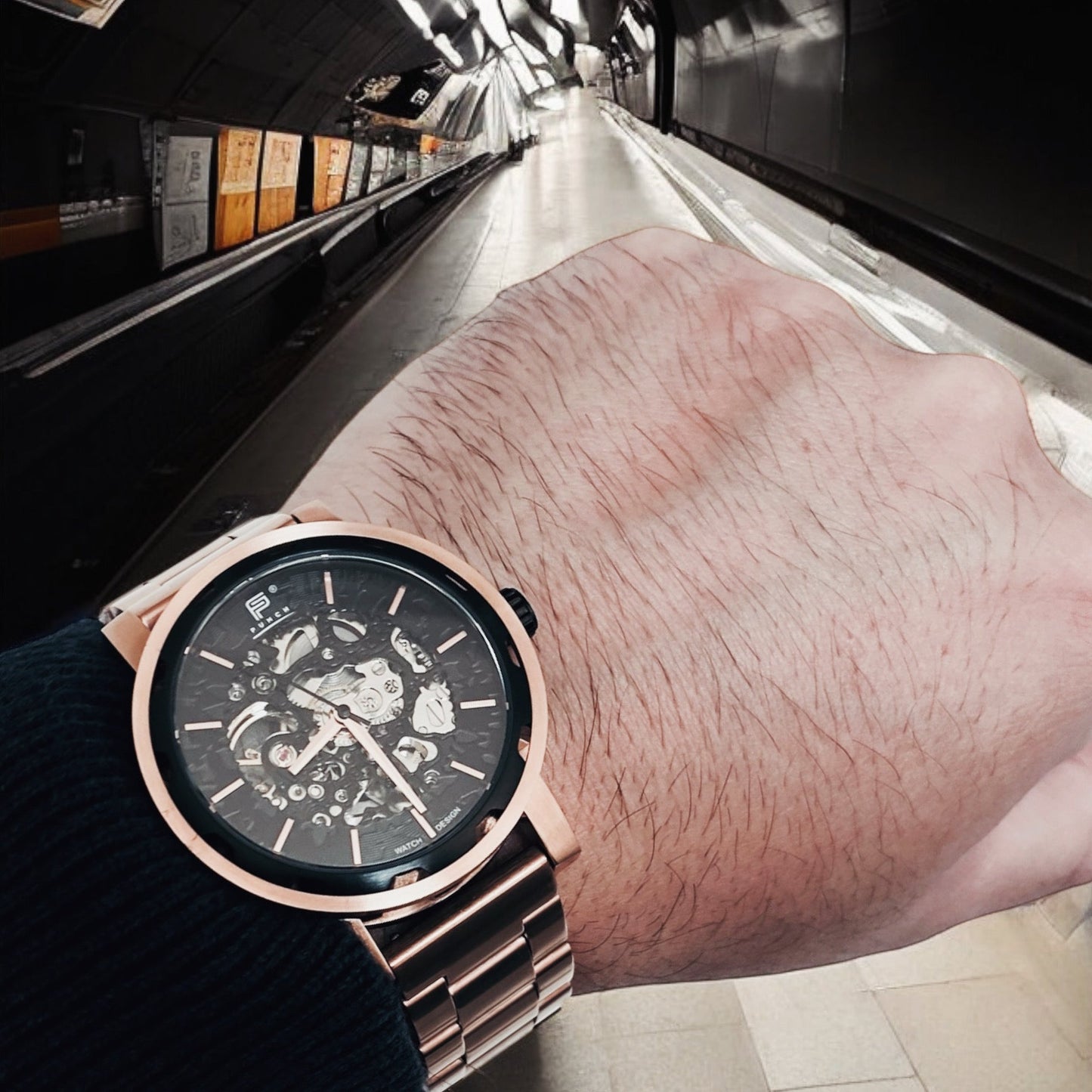 PUNCH Mens Watch, Rose Gold & Black Skeleton Automatic Watch - Rose Gold Metal Strap