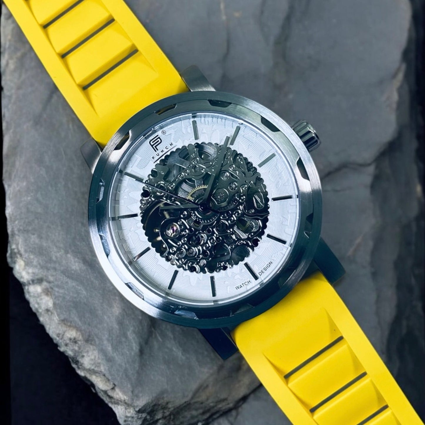 PUNCH Mens Watch, Silver & White Skeleton Automatic Watch - Yellow Rubber Strap